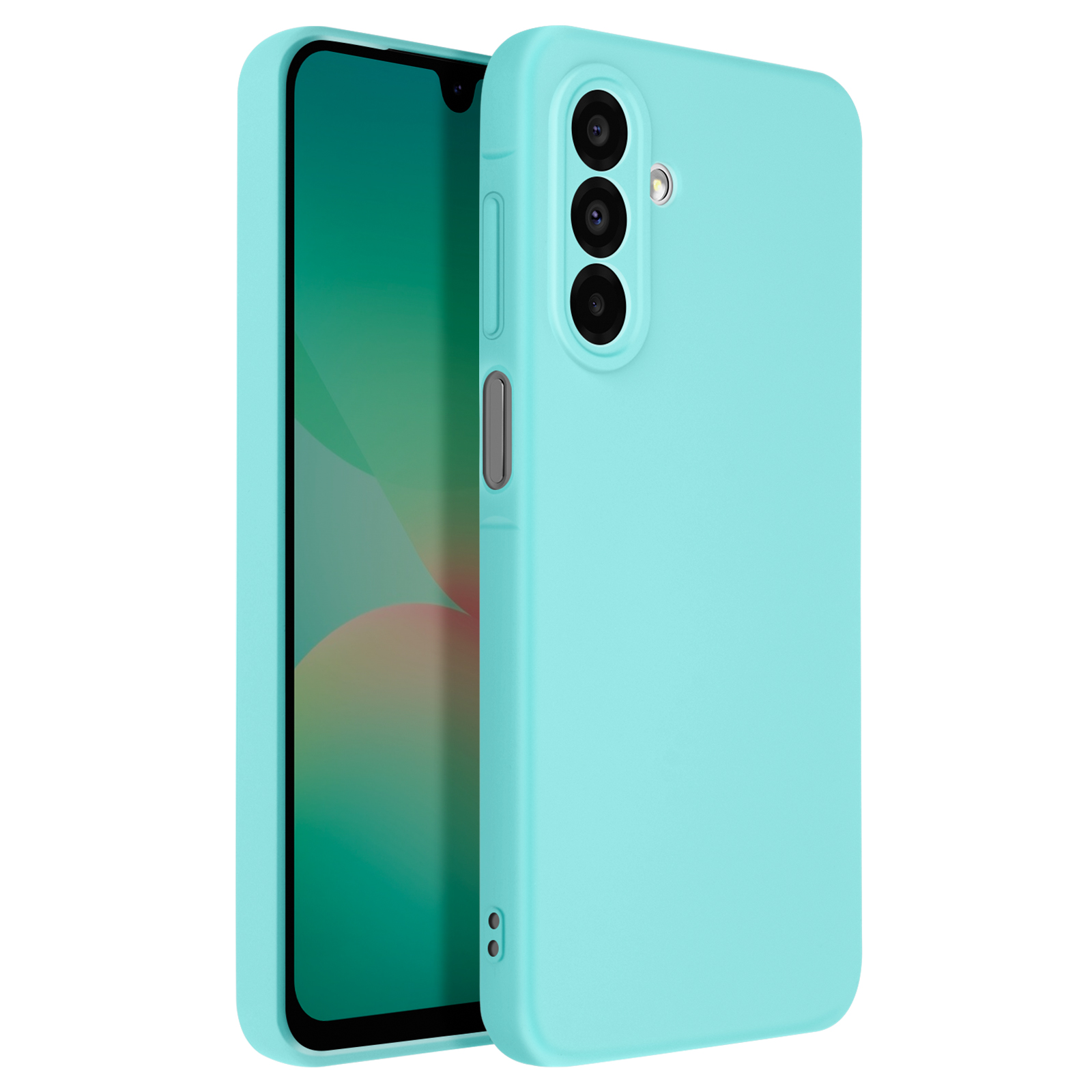 Una custodia per telefono azzurra con un telefono all'interno. Il telefono ha tre fotocamere.