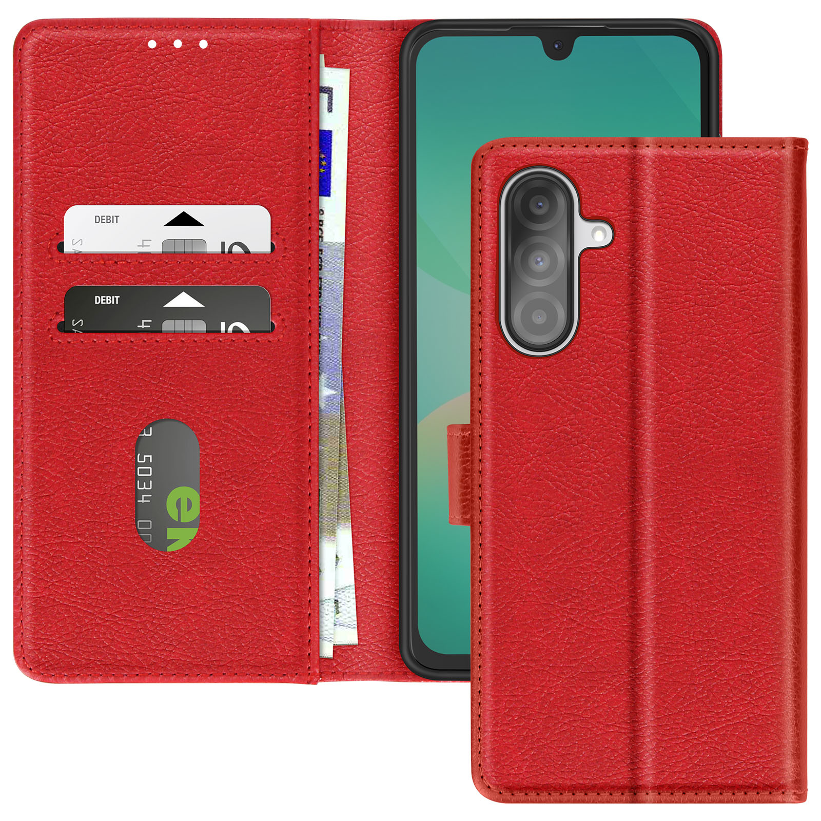 Eine rote Handyhülle mit einem Telefon darin. Die Hülle hat Kartenfächer und einen Magnetverschluss.