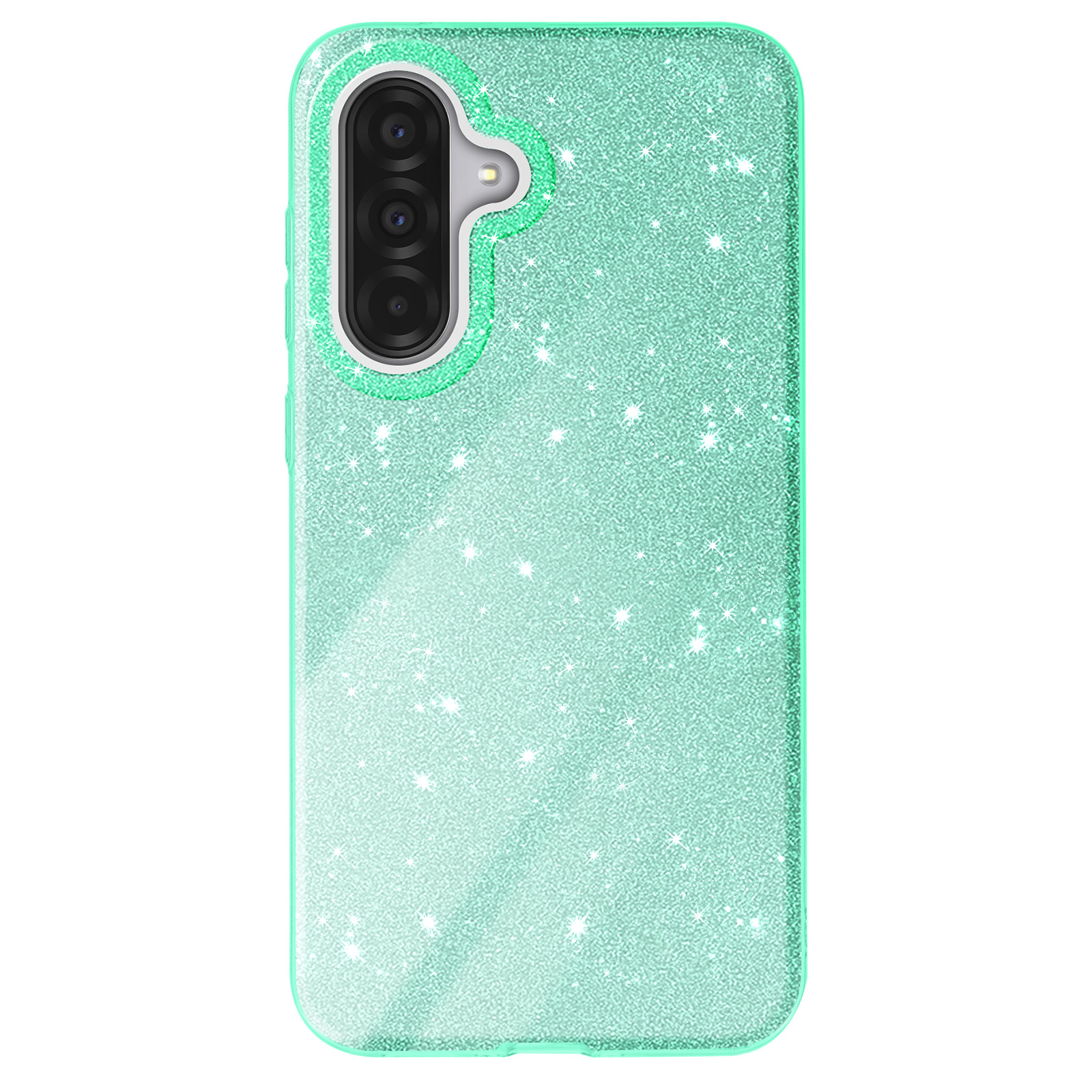 Coque de téléphone vert menthe avec paillettes et découpe pour l'appareil photo.