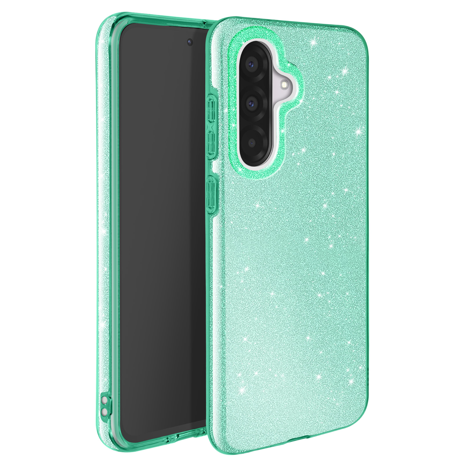 Une coque de téléphone verte et brillante avec un téléphone noir à l'intérieur. Elle possède des découpes pour la caméra et des boutons.
