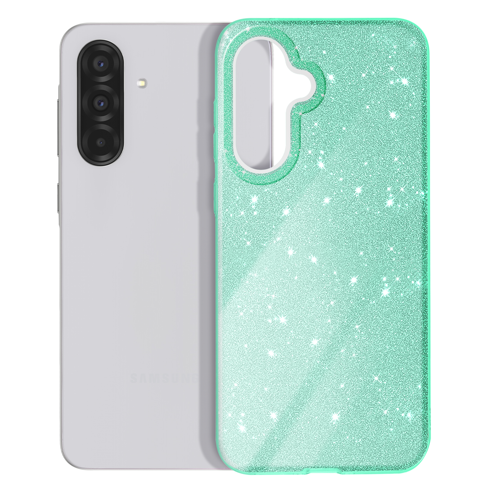 Une coque de téléphone avec un dos scintillant, ainsi qu'un téléphone. La coque est vert menthe.