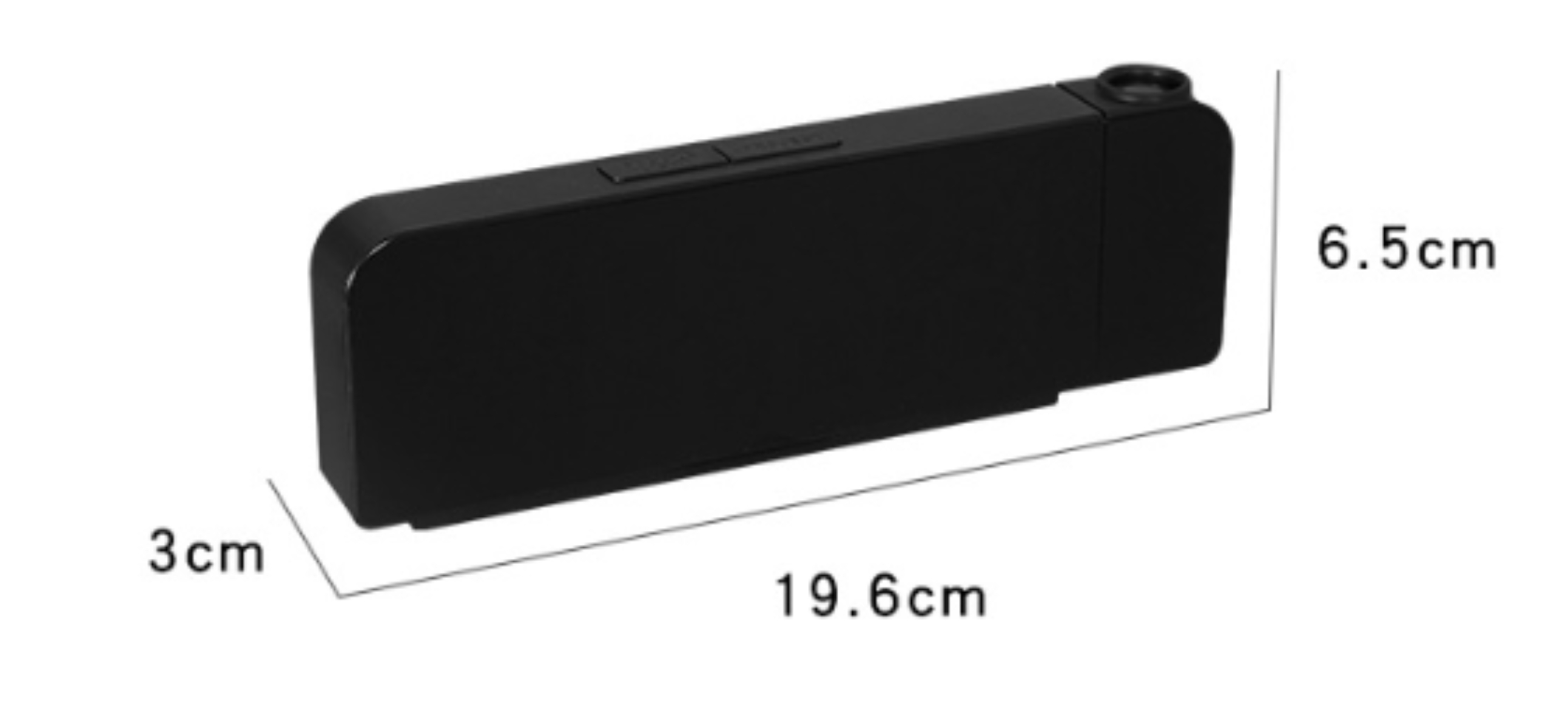 Schwarzes rechteckiges Gerät mit Maßangaben. Es ist 19,6 cm lang, 6,5 cm hoch und 3 cm breit.