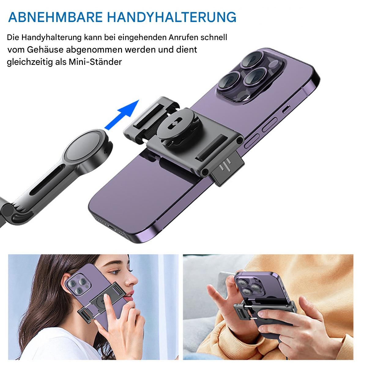 Ein Telefon mit abnehmbarem Ständer. Der Ständer ist schwarz. Das Telefon ist lila. Eine Frau hält das Telefon.
