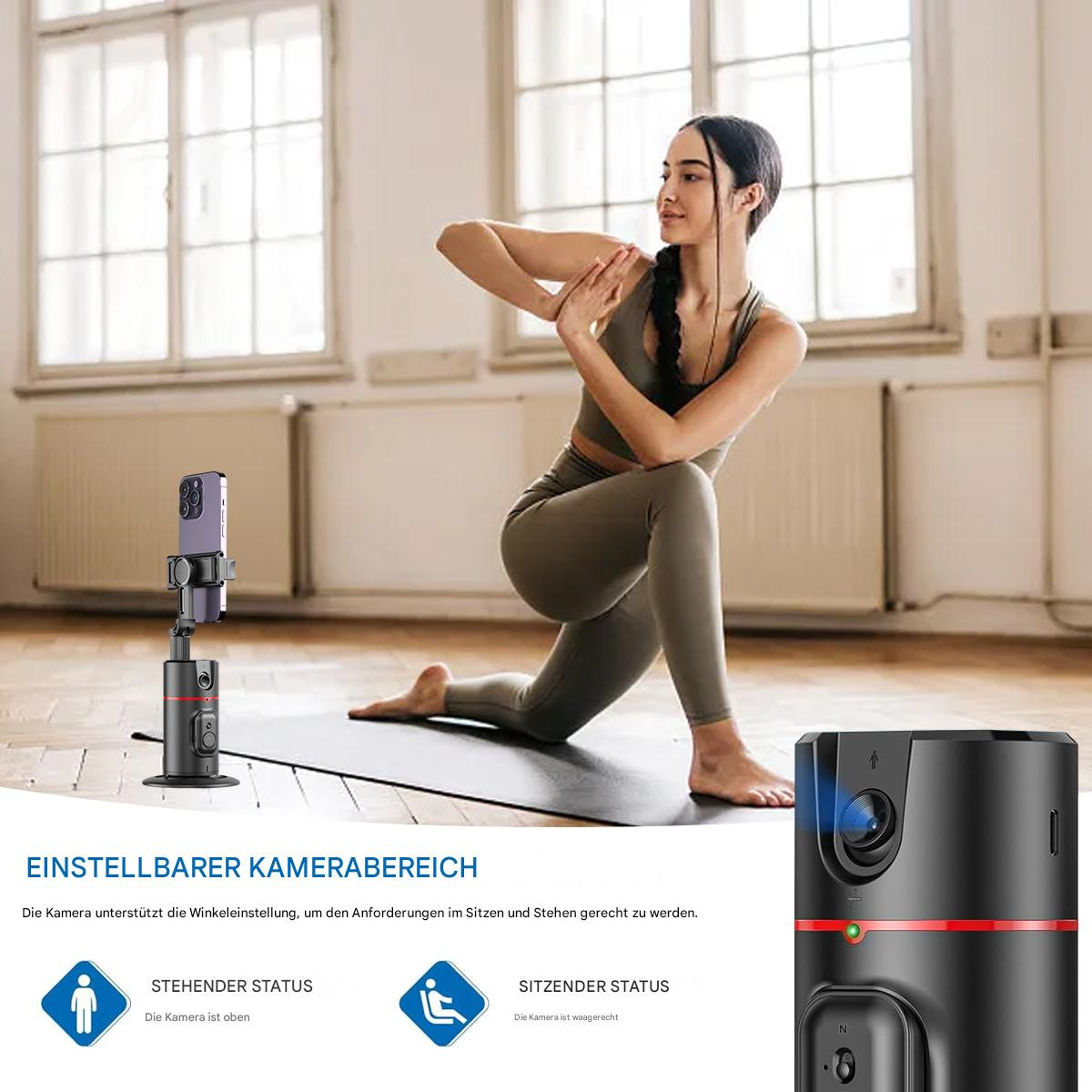 Eine Frau macht Yoga, im Vordergrund ein Telefon auf einem Gimbal. Die Kamera ist schwarz und rot.
