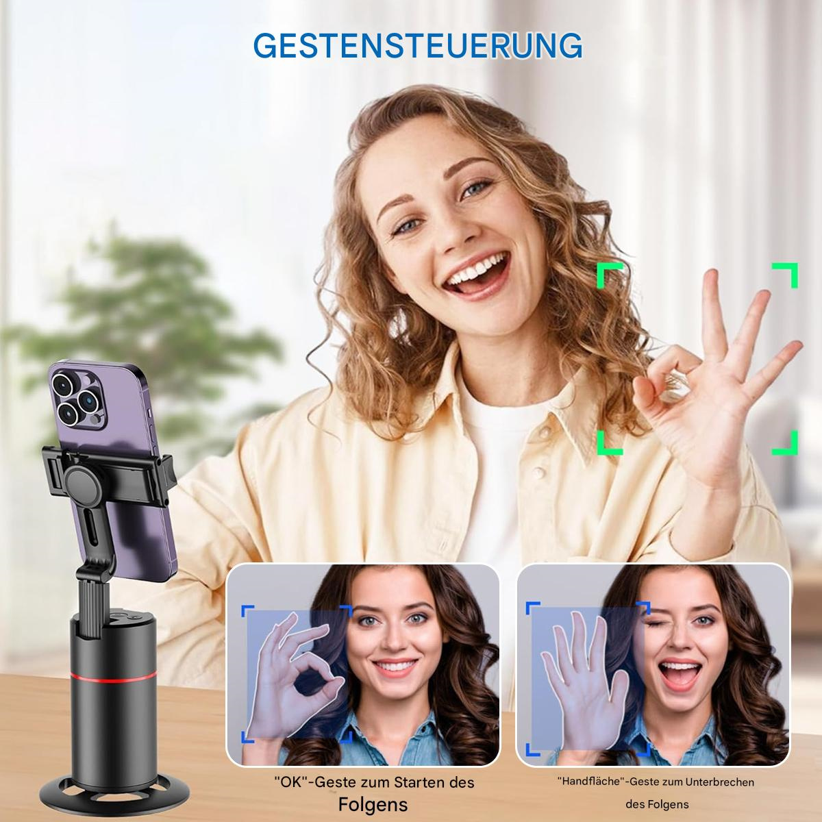 Eine Frau lächelt und benutzt ein Telefon auf einem Ständer mit Gestensteuerung, wobei OK- und Handgesten gezeigt werden.