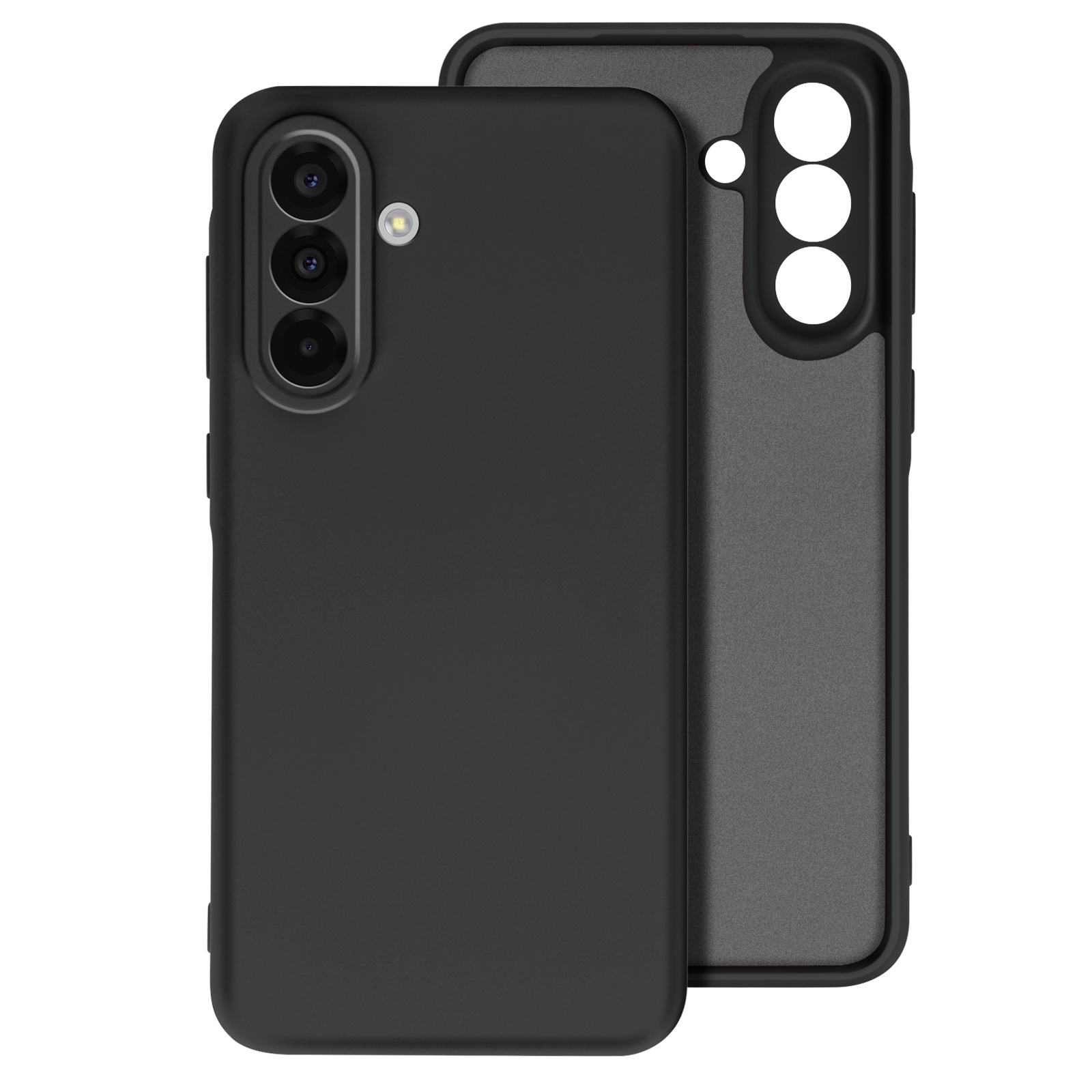 Twee zwarte telefoonhoesjes, één open, met drie cameraholes.