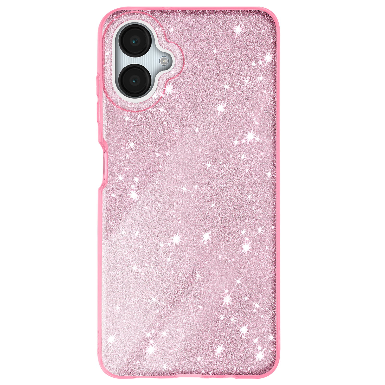 Custodia per telefono rosa glitterata con più lenti della fotocamera su sfondo bianco.