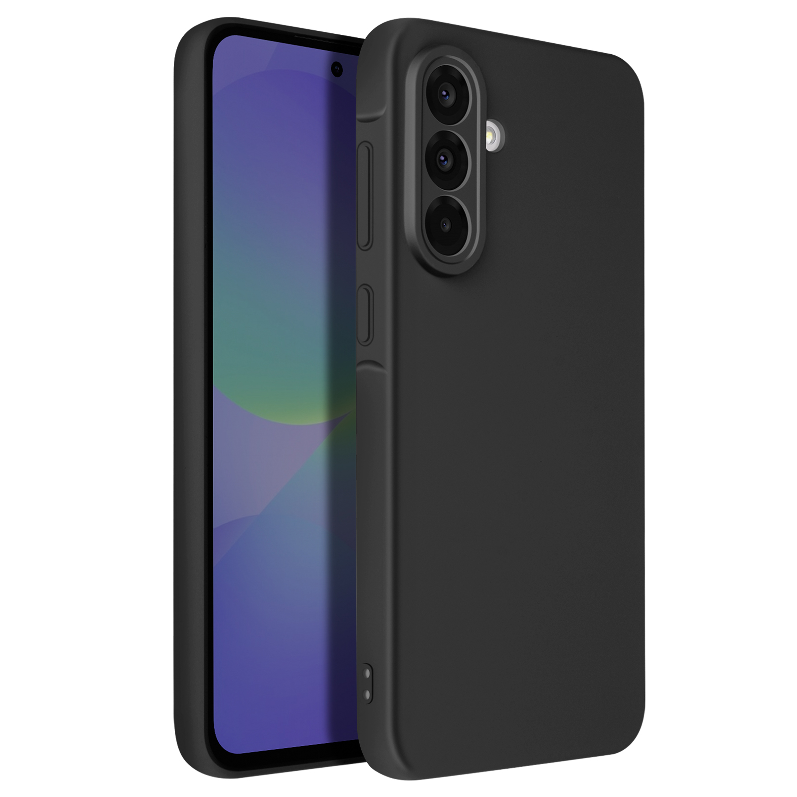 Een zwarte telefoonhoes op een telefoon. De hoes heeft drie camera's aan de achterkant.