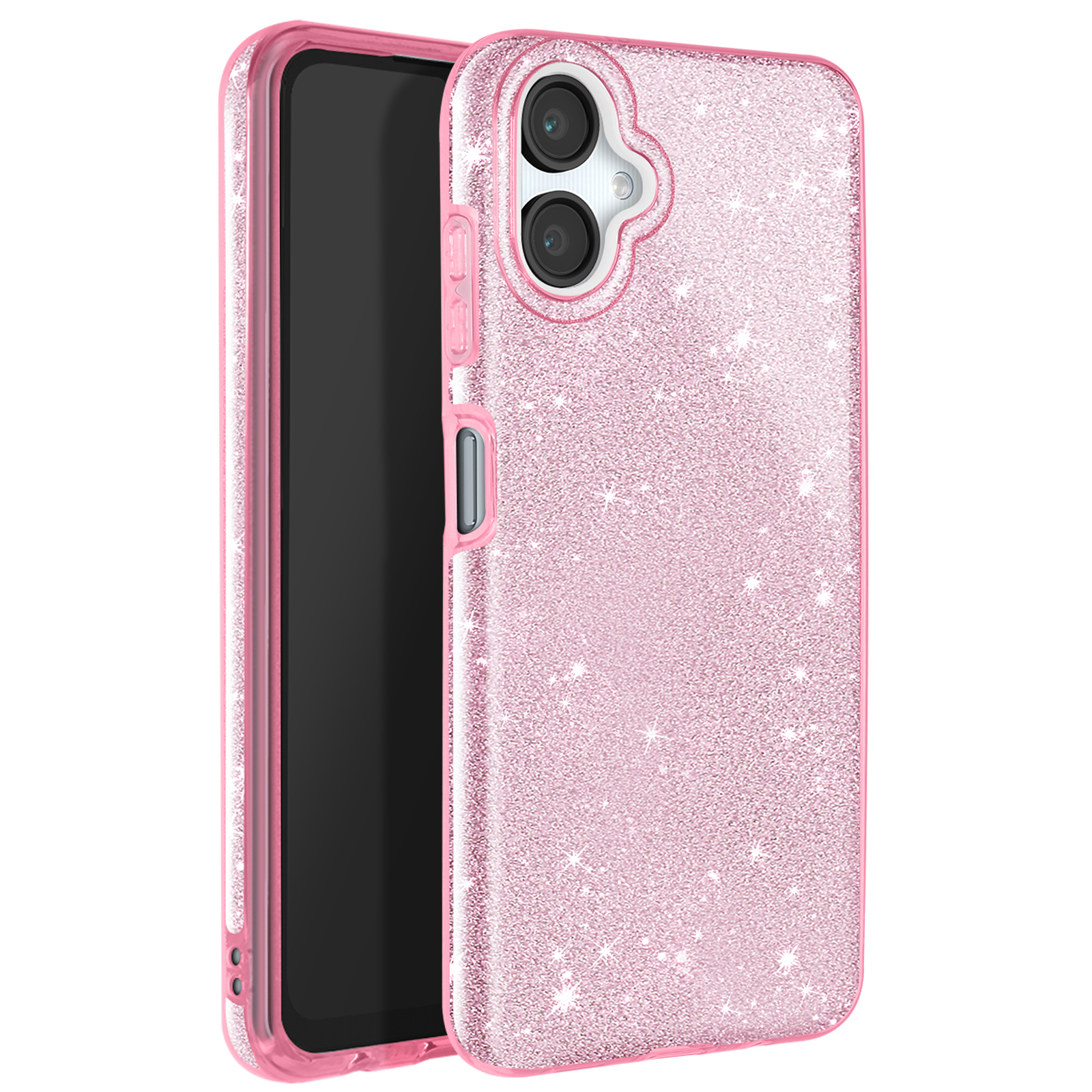 Una custodia per telefono rosa glitterata è aperta, rivelando un telefono nero. La custodia ha ritagli per doppia fotocamera.