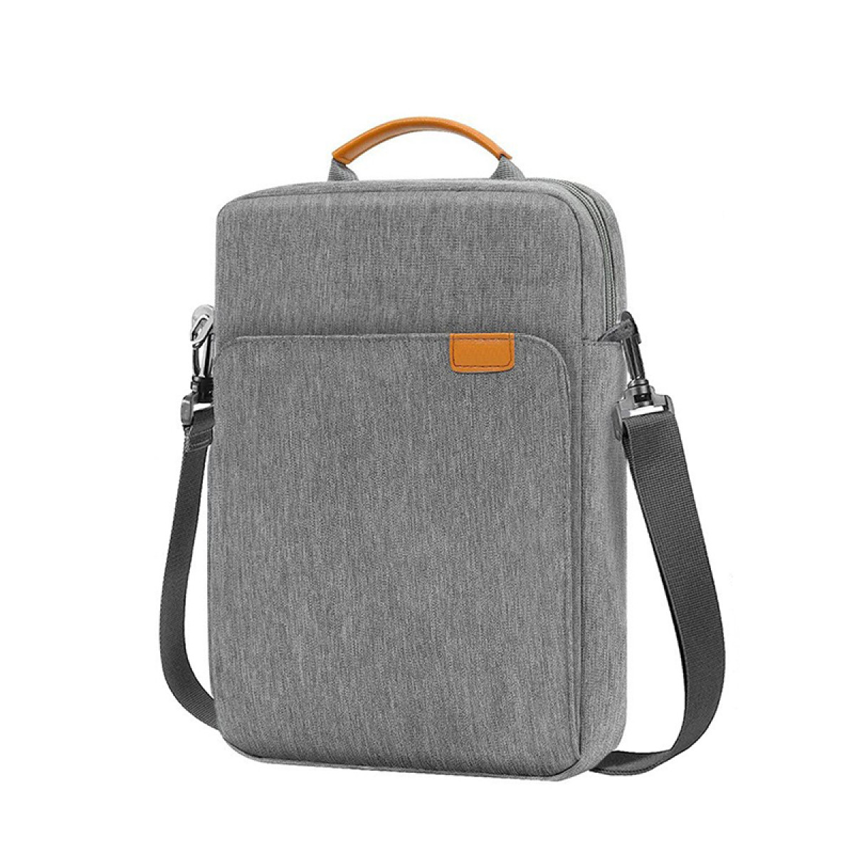Eine graue Laptoptasche mit Griff, Schulterriemen und einer kleinen Tasche auf der Vorderseite.