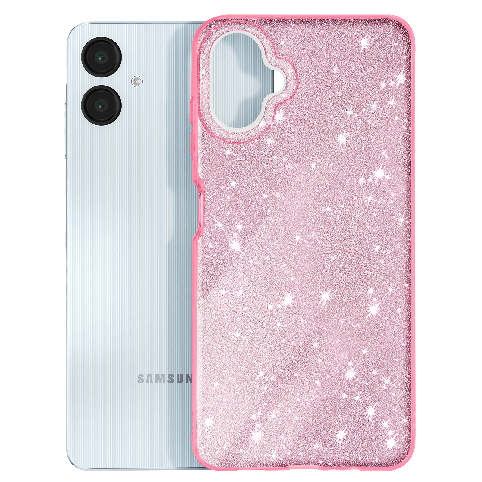 Custodia per telefono rosa glitterata su telefono bianco. Il telefono ha doppia fotocamera e logo Samsung. Sfondo bianco.