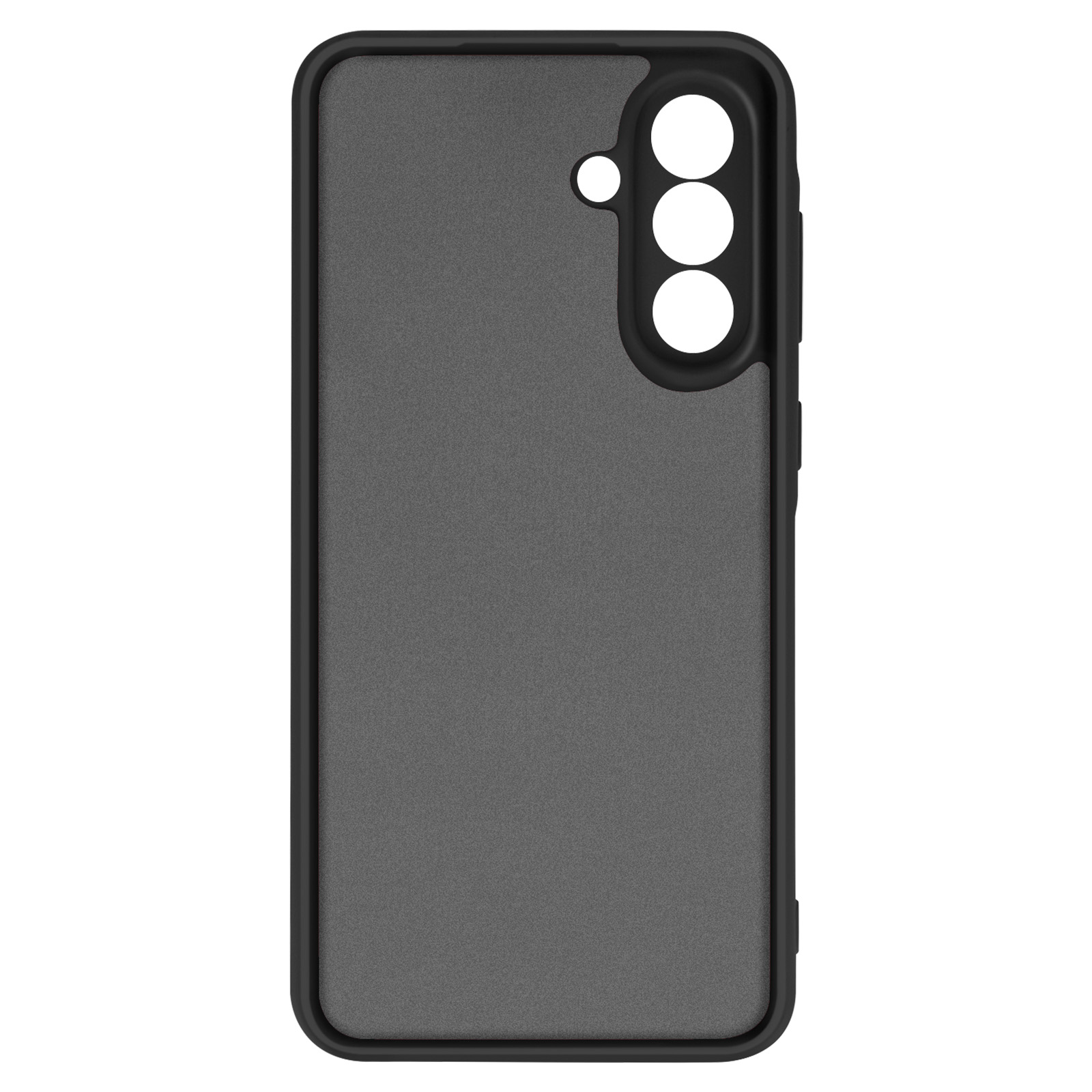 Een grijze telefoonhoes met een zwart frame. Het heeft drie camera-gaten.