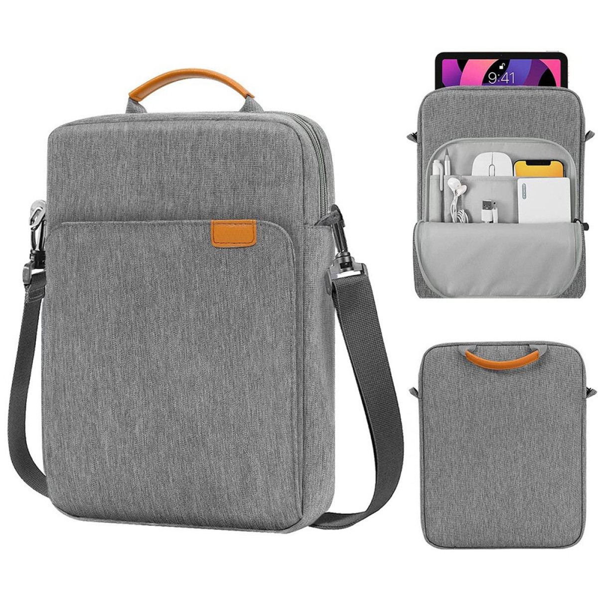 Graue Laptoptasche mit Griff und Riemen. Zeigt offene Fächer mit Zubehör und Tablet.