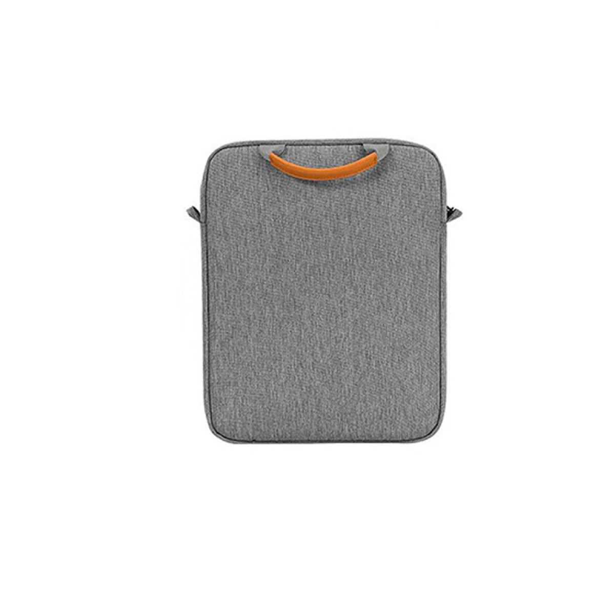 Eine graue Laptoptasche mit einem orangefarbenen Griff. Sie befindet sich auf weißem Hintergrund.