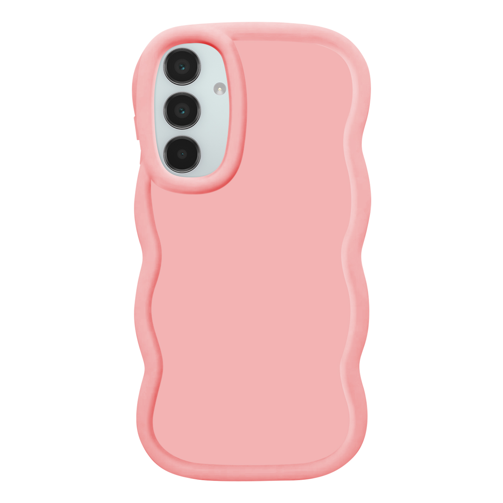 Una custodia rosa per telefono con tripla fotocamera. Il telefono è su sfondo bianco.