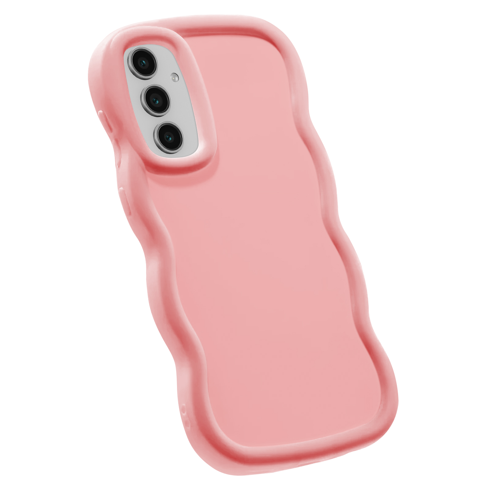 Custodia per telefono rosa con bordi ondulati. Tre lenti della fotocamera.