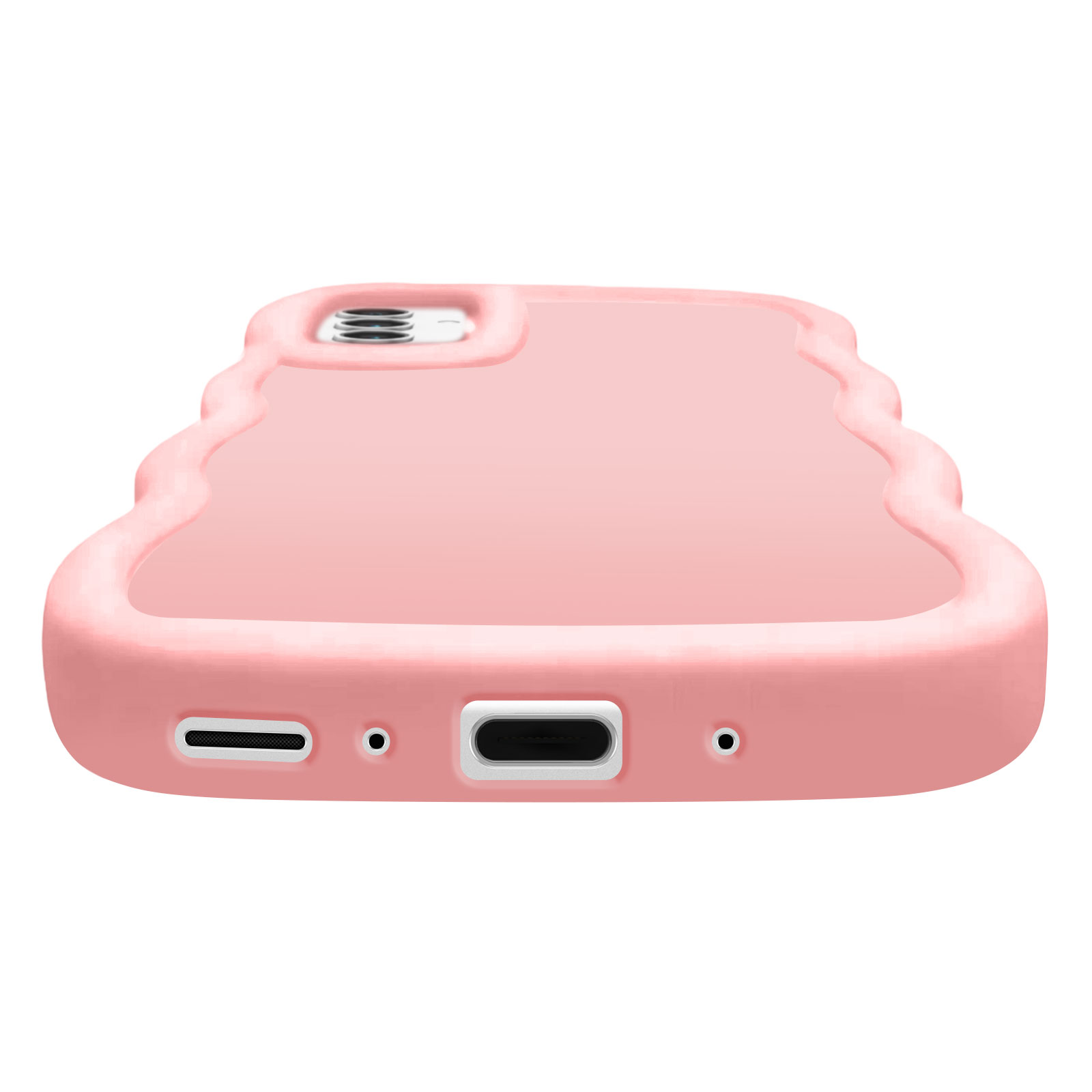 Una custodia per telefono rosa, con il lato inferiore visibile, ha porte di ricarica e audio.