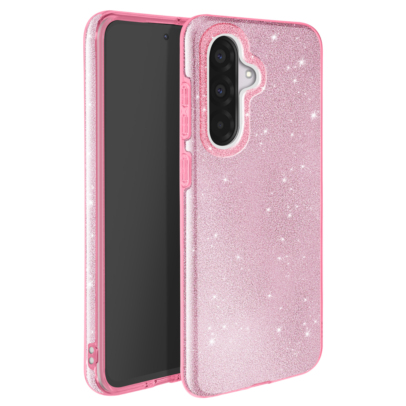 Coque de téléphone rose pailletée avec une bosse de caméra et un téléphone à l'intérieur. Le téléphone est noir.