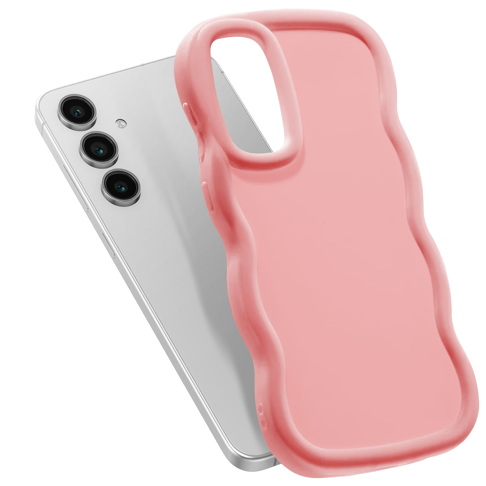 Custodia rosa per telefono accanto a un telefono argentato. Design ondulato. Sfondo bianco.