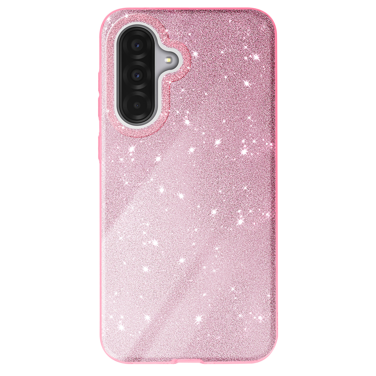 Une coque de téléphone rose pailletée avec une configuration à triple caméra. La coque a une texture scintillante.