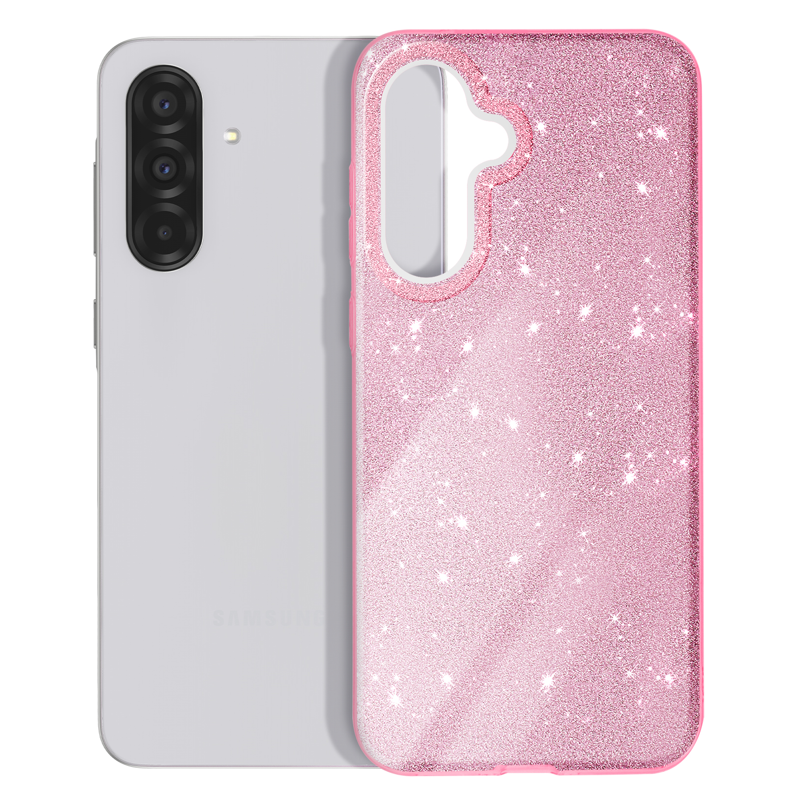 Un téléphone blanc avec trois caméras et une coque rose à paillettes.