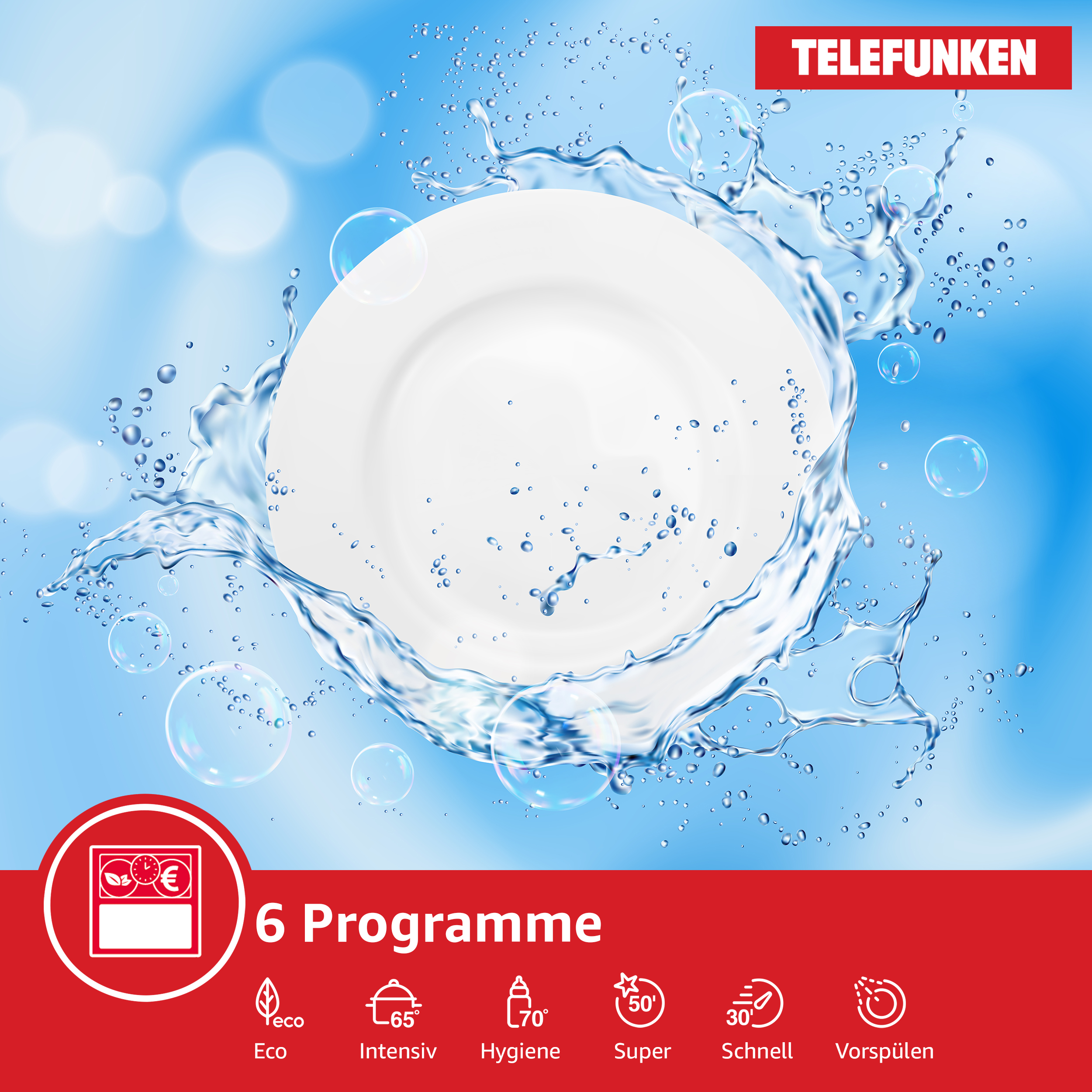 Ein weißer Teller mit spritzendem Wasser. Das Bild hat 6 Programmsymbole in der Ecke.