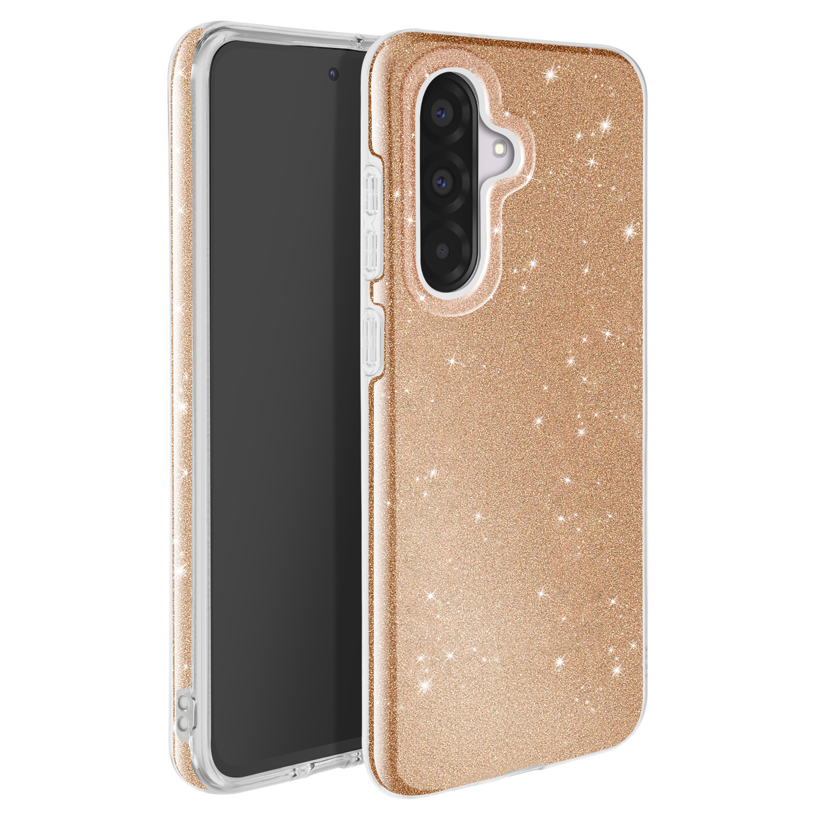 Coque de téléphone or rose avec un téléphone à l'intérieur, fond blanc. Téléphone dans une coque or rose scintillante.