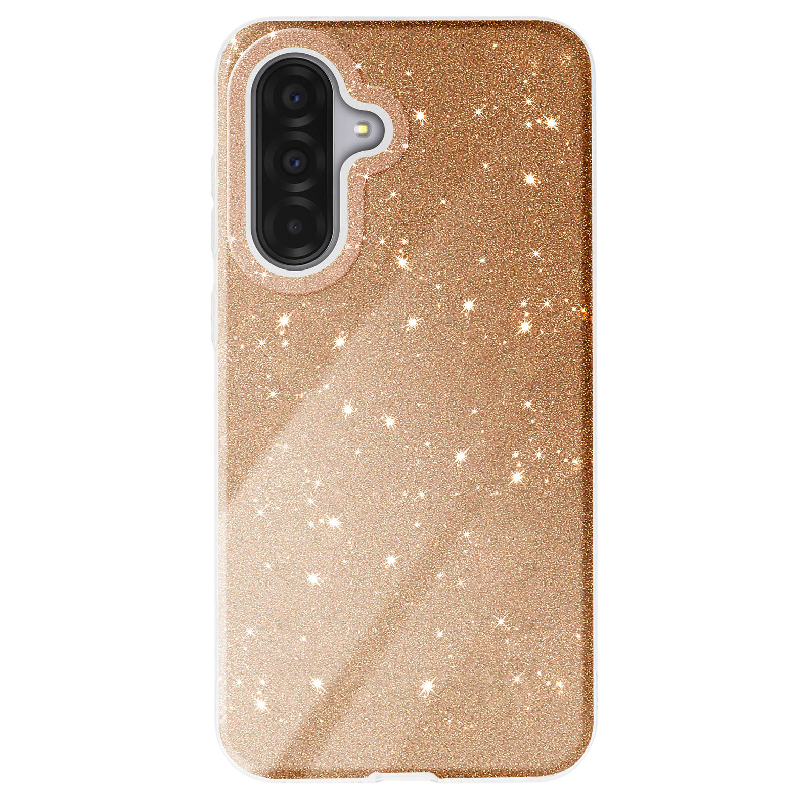Une coque de téléphone avec des paillettes et un téléphone avec des caméras.