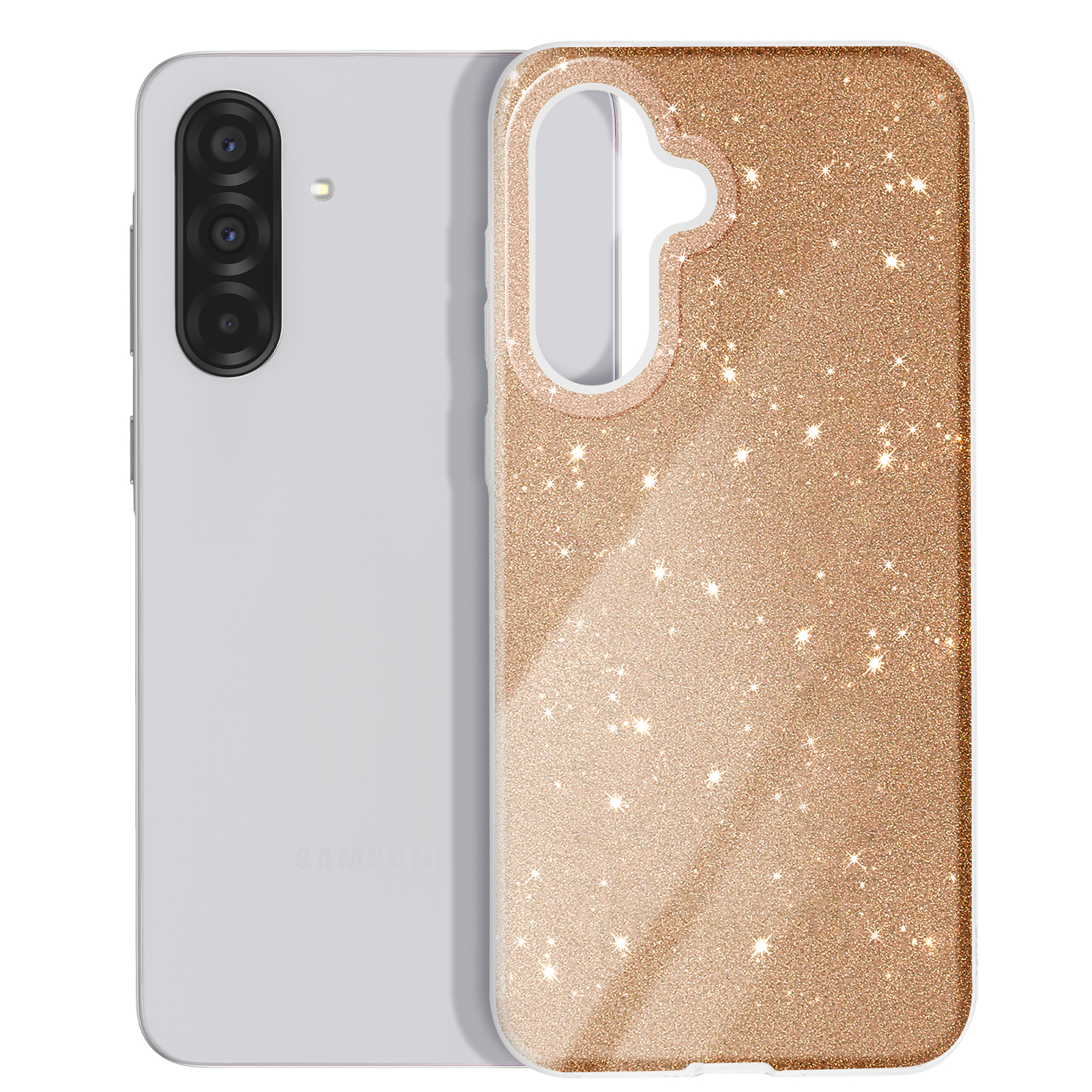 Une coque de téléphone dorée à paillettes avec l'arrière du téléphone visible à gauche.