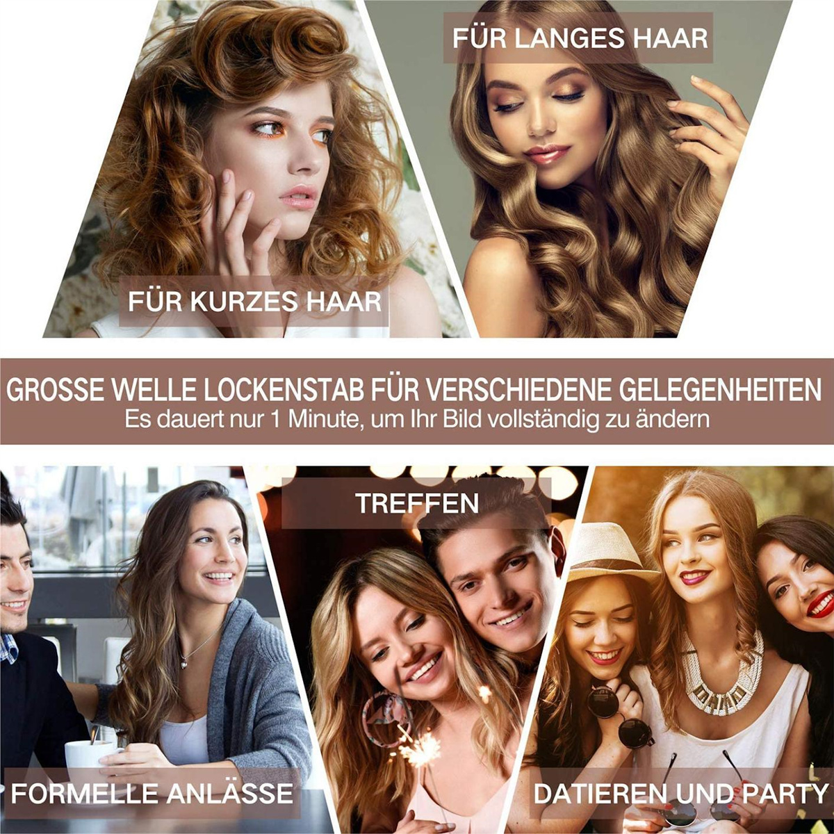 Bilder zeigen Haarstyling-Produkte mit Beispielen für Frisuren für kurzes und langes Haar.