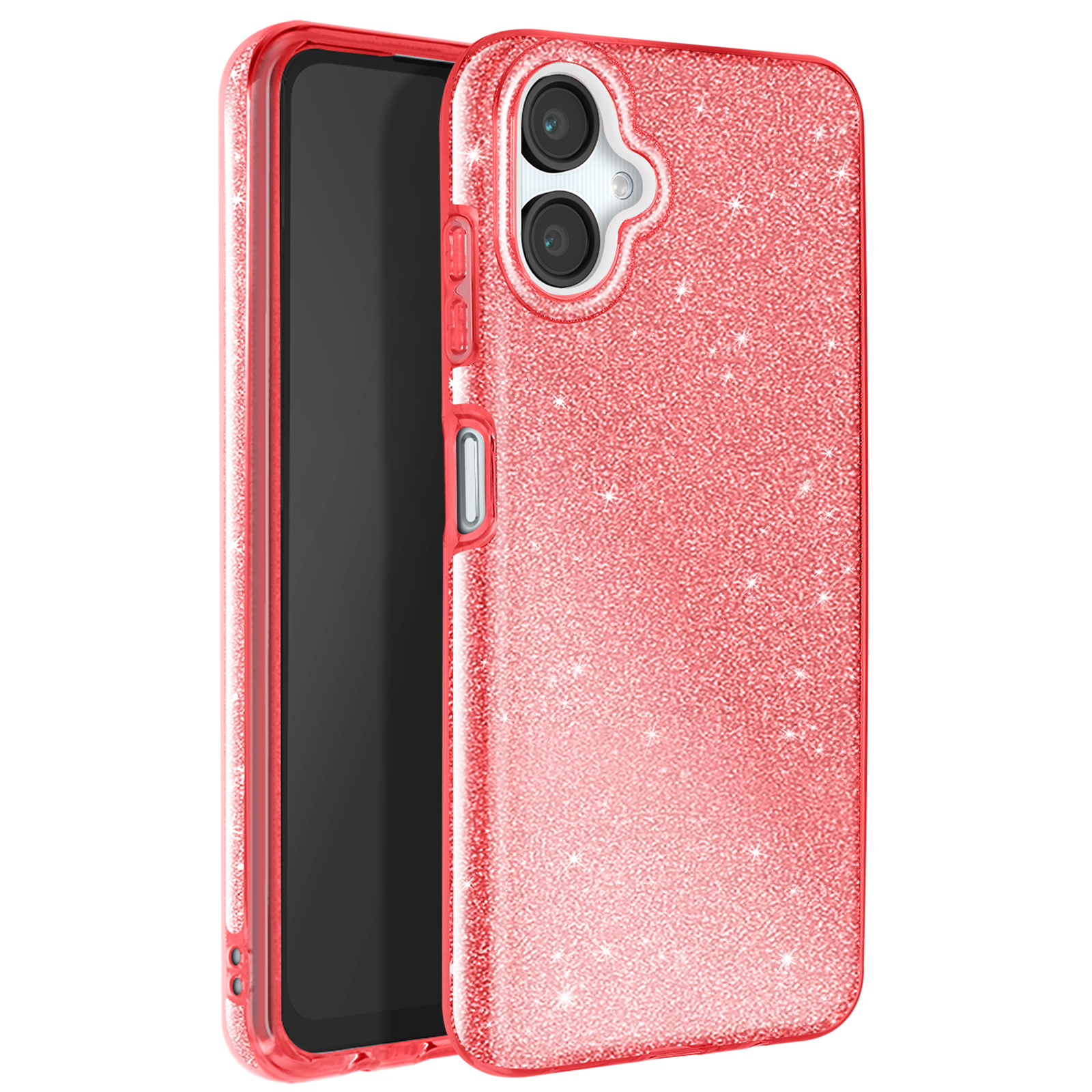 Eine rote Glitzer-Handyhülle mit einem Telefon auf weißem Hintergrund.