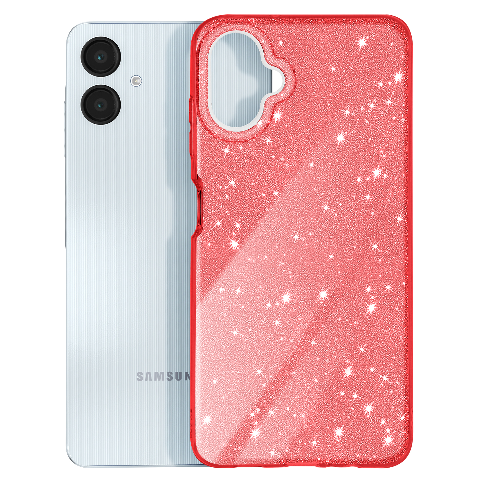 Eine rote Glitzer-Handyhülle neben einem silbernen Telefon. Das Telefon ist im Hintergrund.