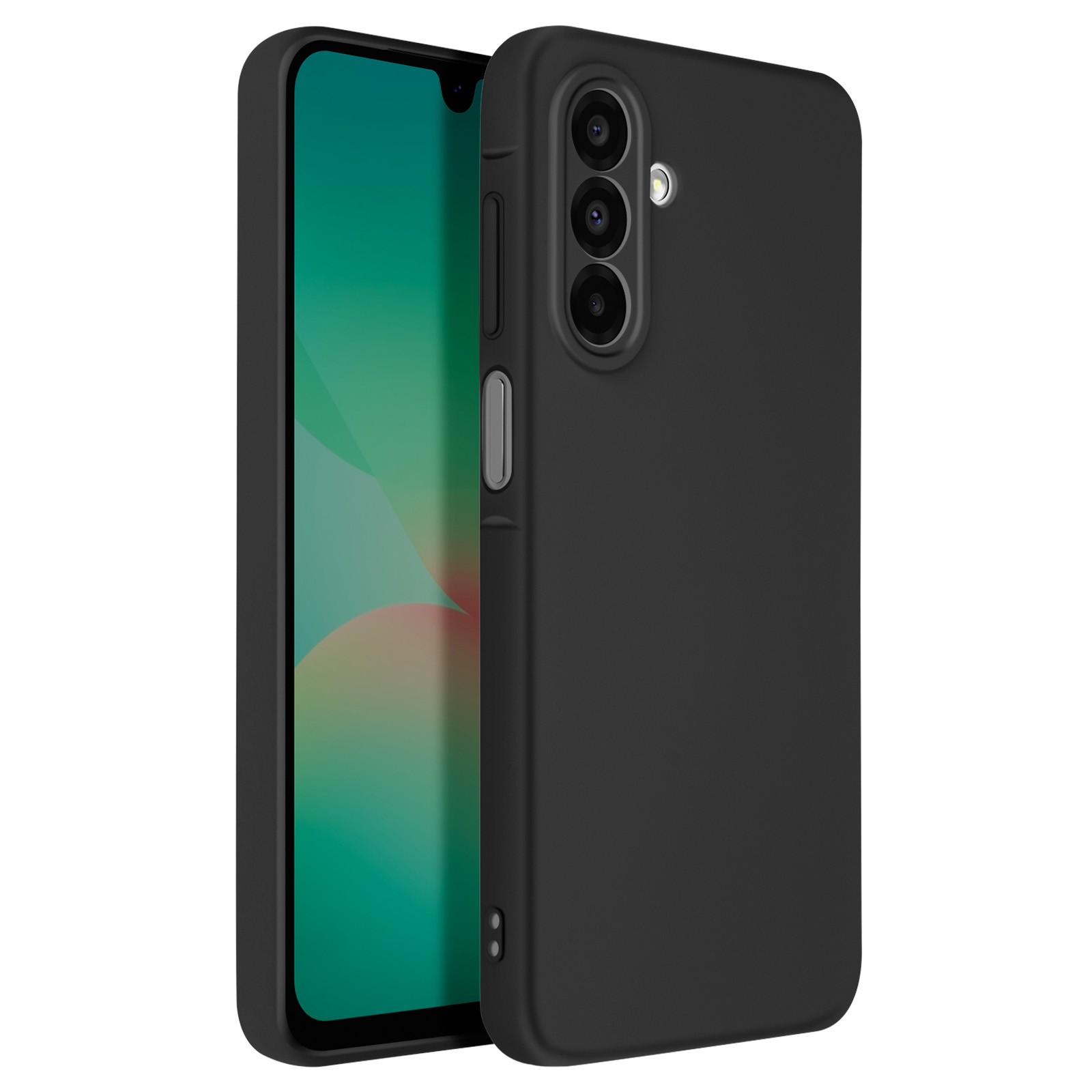 Smartphone nero con custodia nera. Tre fotocamere e un flash sul retro.