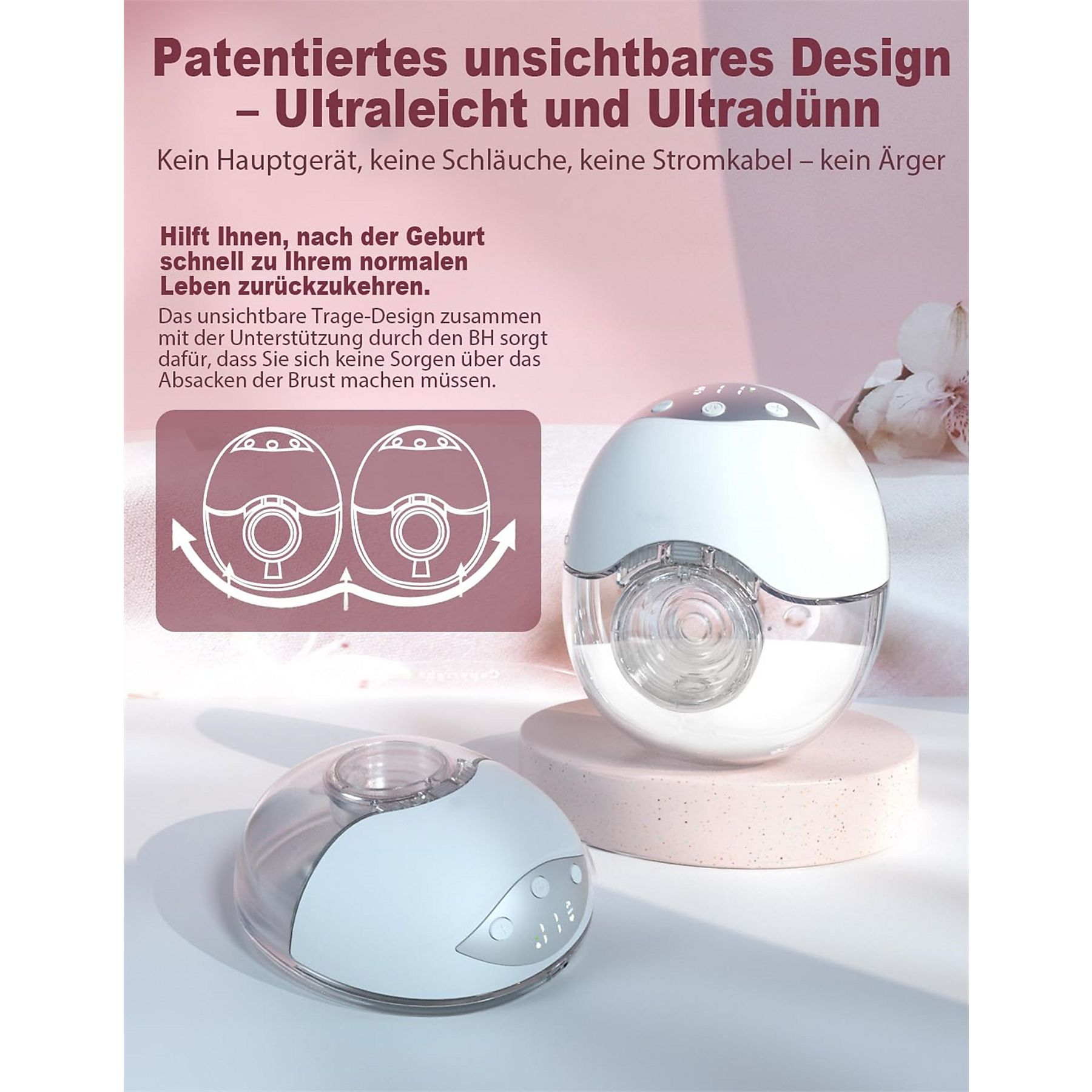 Eine weiße und transparente Brustpumpe mit zwei Hauptkomponenten und Text, der ihre Merkmale beschreibt.