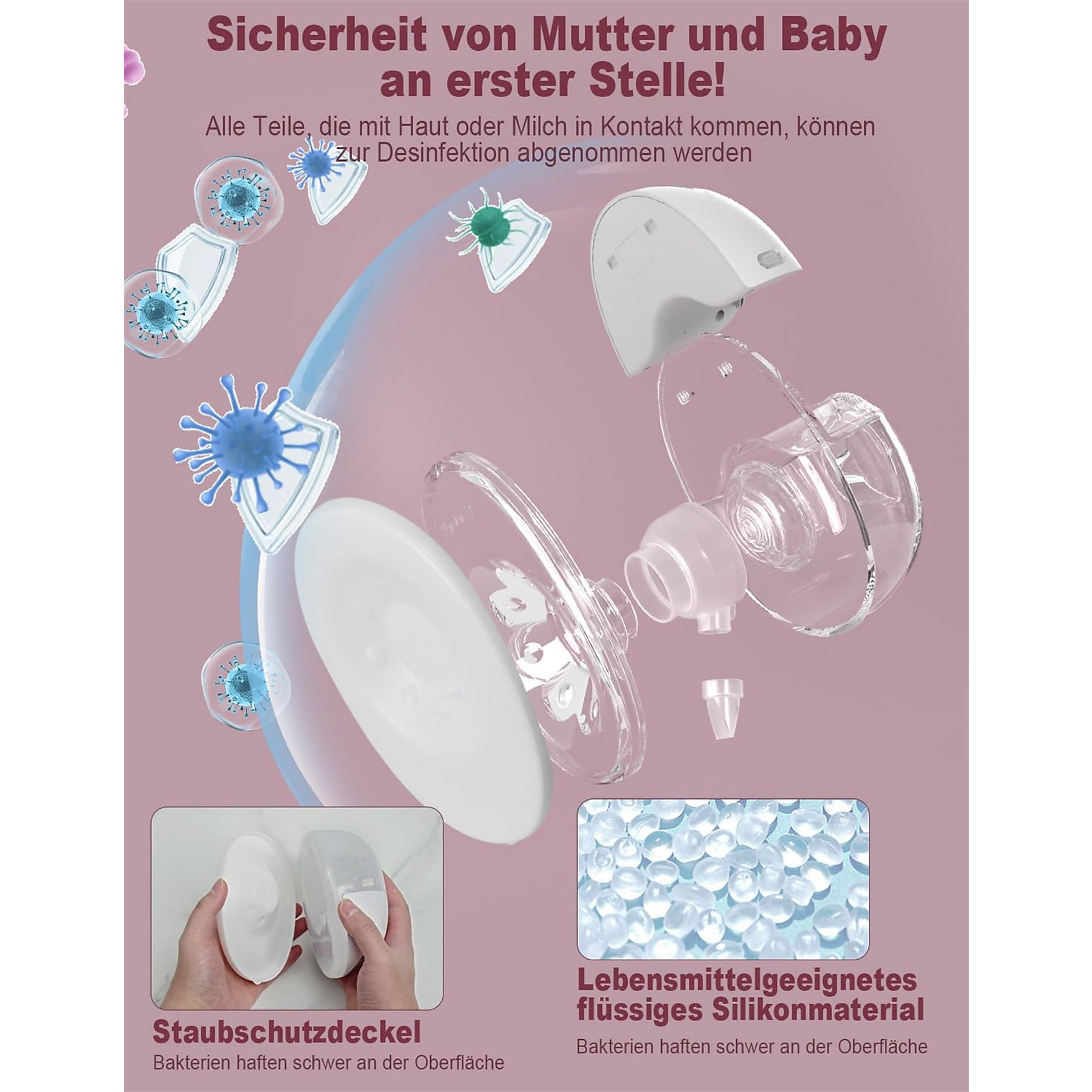 Diagramm zeigt Babyflaschenteile. Enthält Deckel, Silikonmaterial und Sterilisiertabletten.