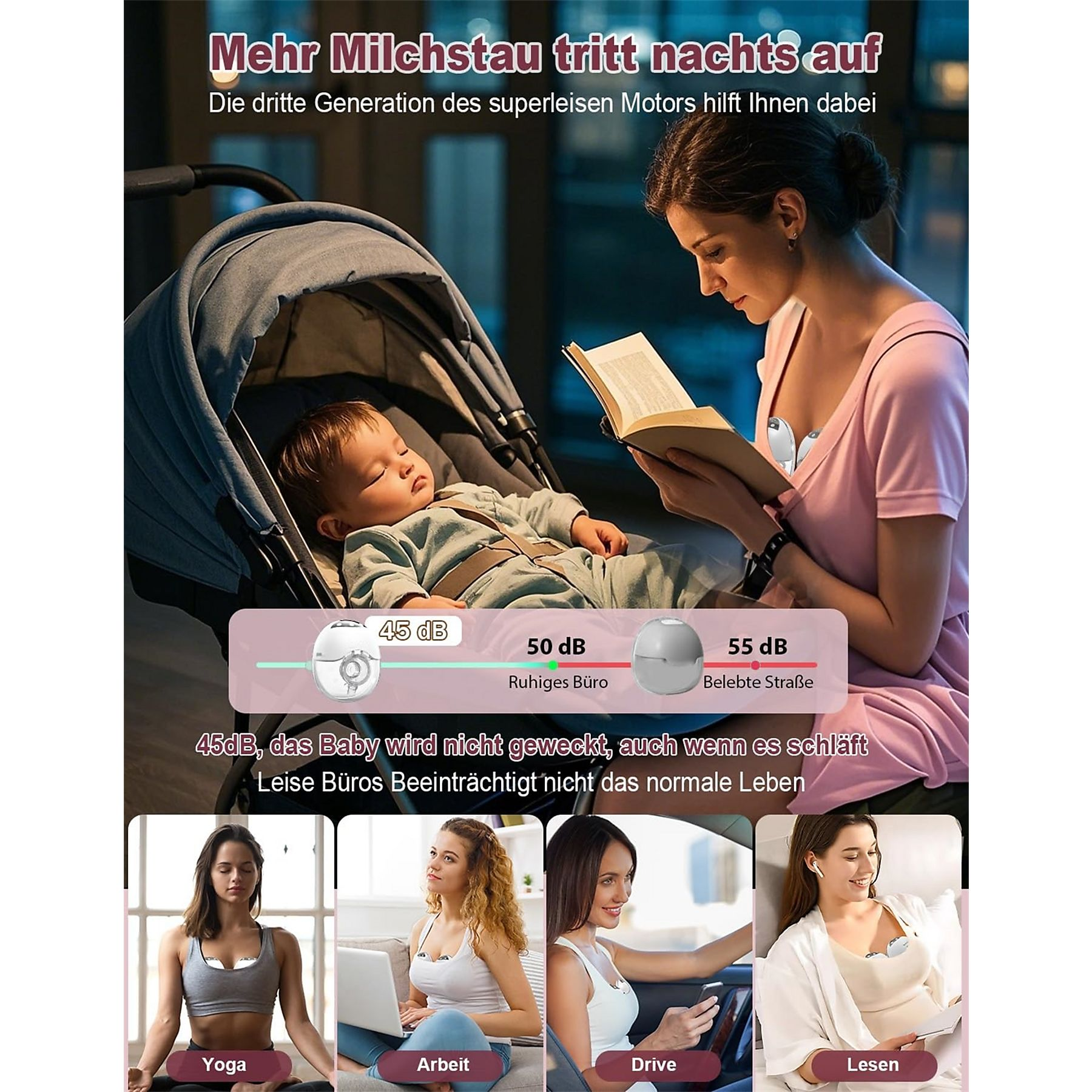 Baby im Kinderwagen, lesende Mutter und Diagramme zum Stillen.