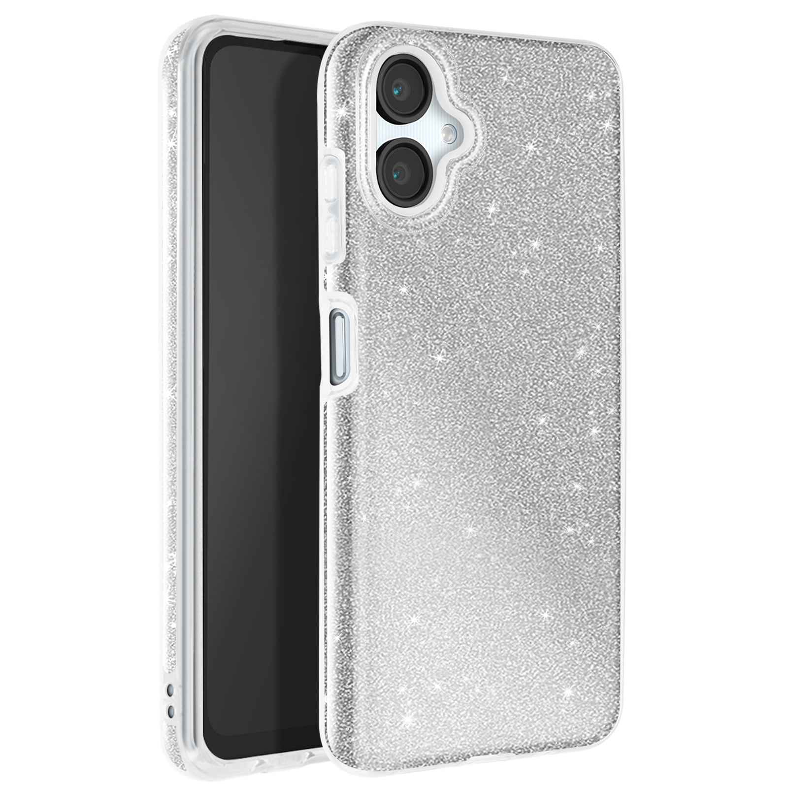 Custodia per telefono glitterata argentata con un telefono all'interno, su sfondo bianco.