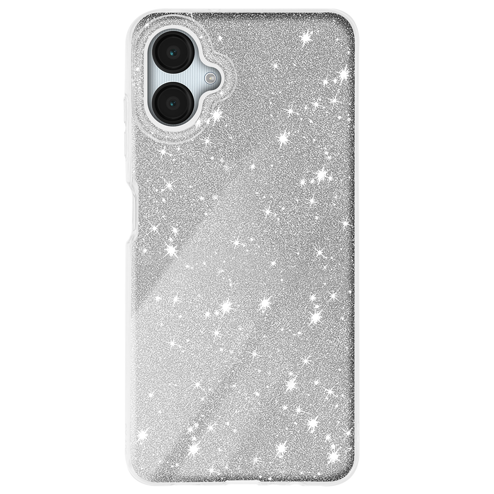 Custodia glitterata argento con foro per doppia fotocamera.