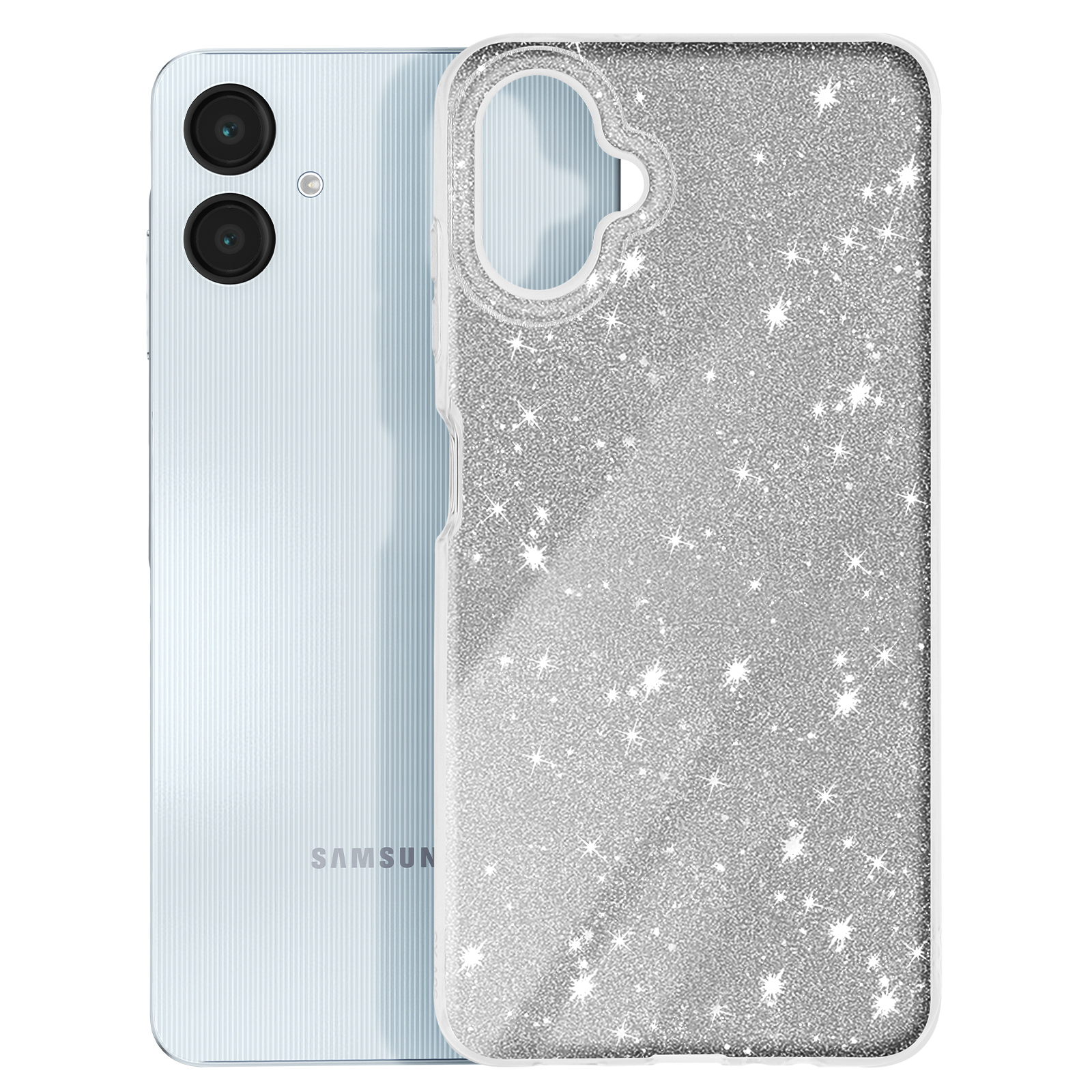 Telefono e custodia argentati con design glitterato. Lo sfondo è bianco.