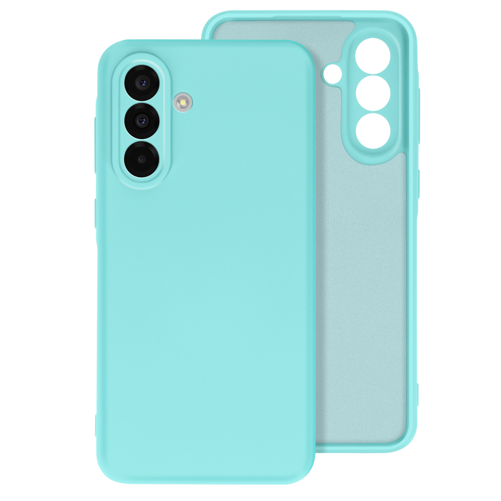 Coque de téléphone turquoise, deux pièces. Fond bleu clair.