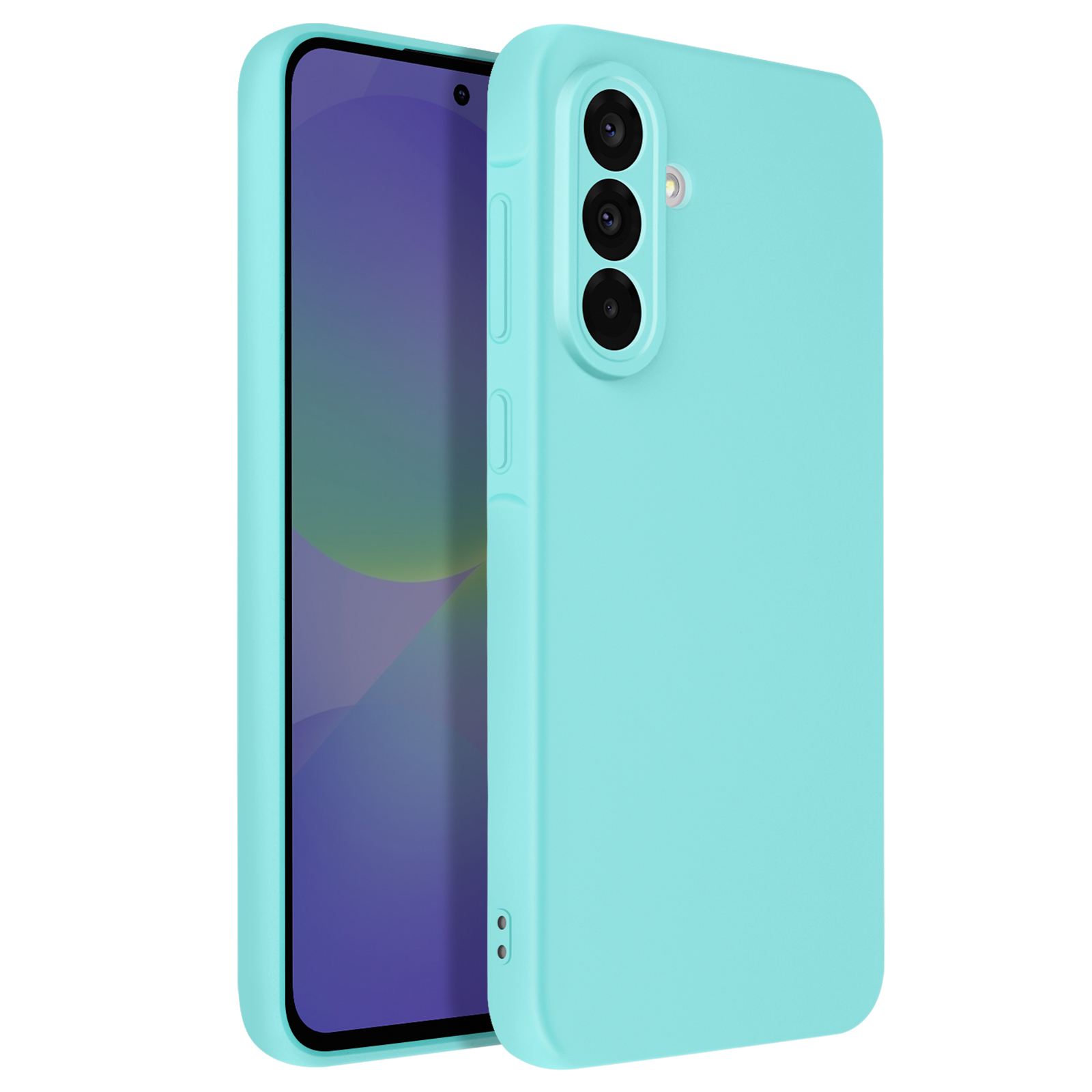 Une coque de téléphone turquoise. Elle a une texture lisse et des découpes pour l'appareil photo et les boutons.