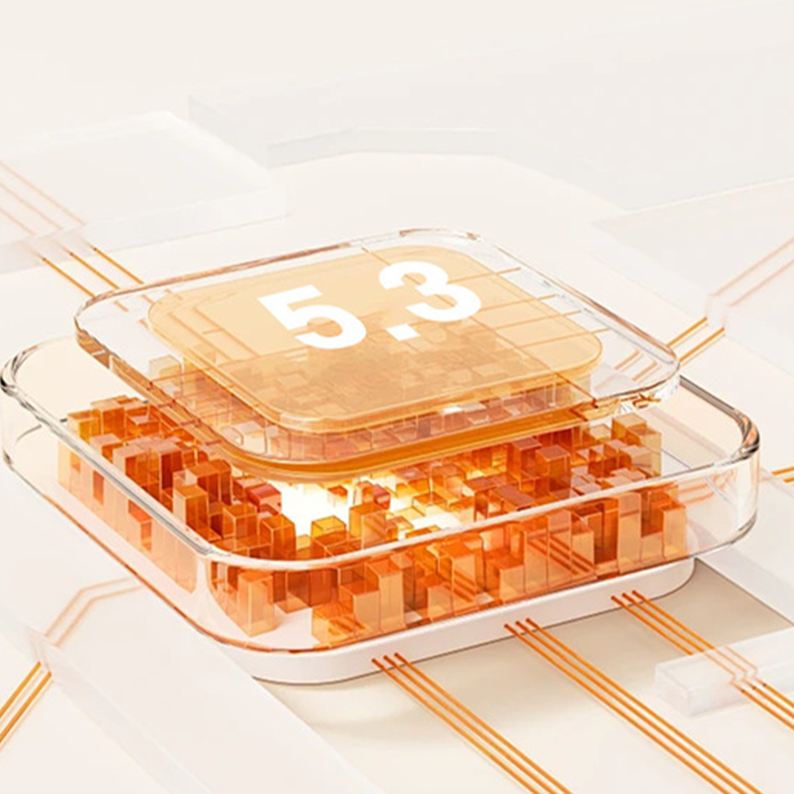 Transparentes Gerät mit der Zahl 5.3. Orangefarbene interne Komponenten sind sichtbar.