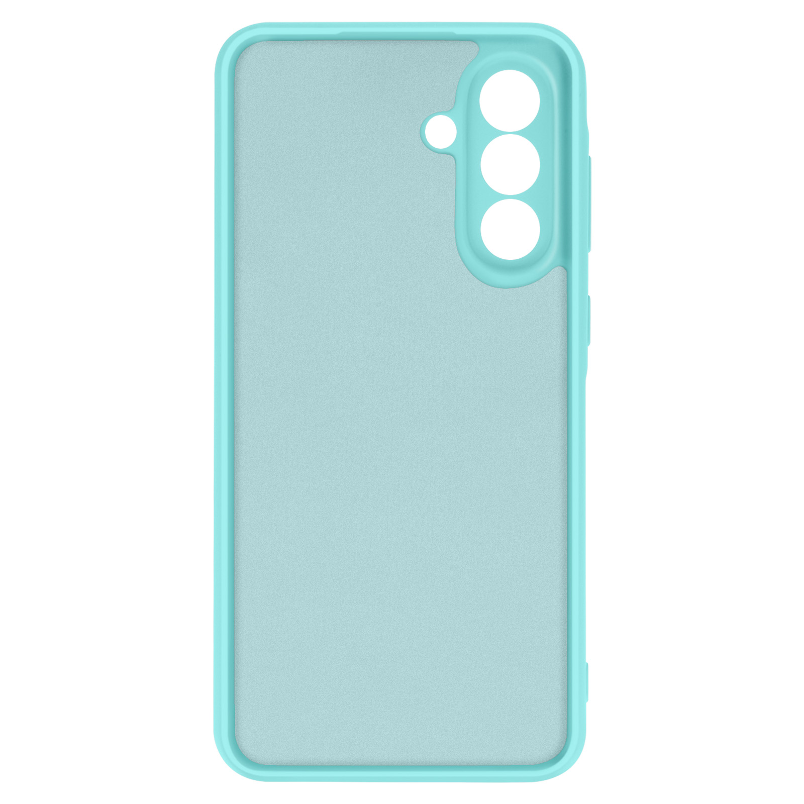 Une coque de téléphone bleu clair avec une découpe pour l'appareil photo et des découpes pour les boutons.