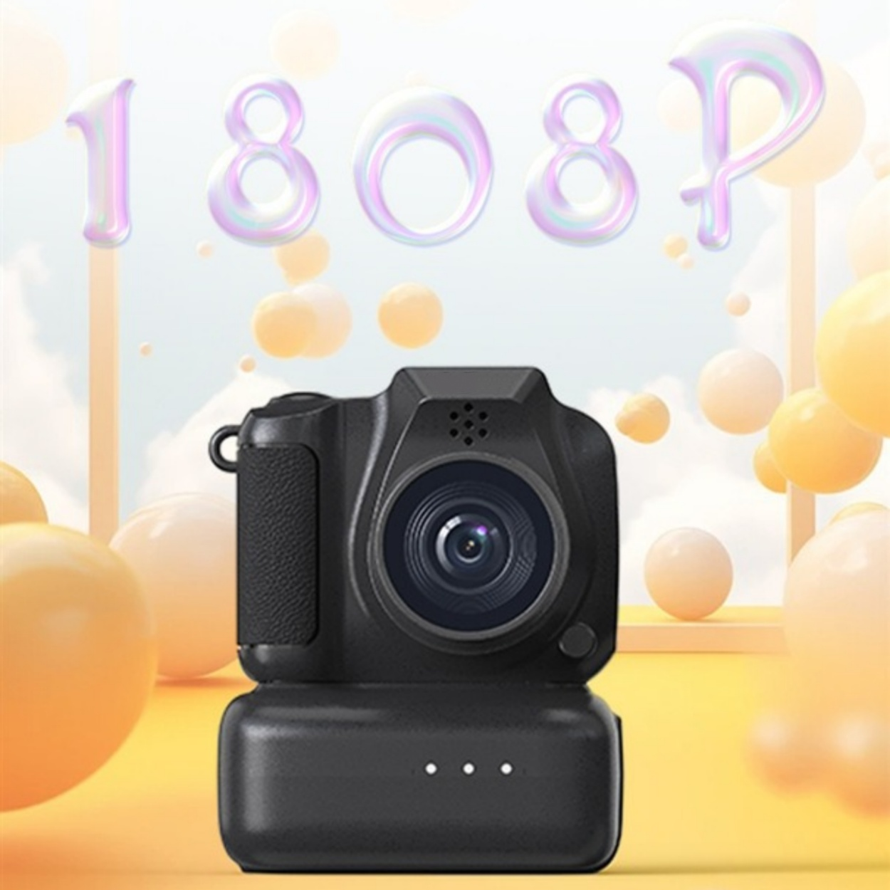 Schwarze Action-Kamera mit 1080p oben und gelbem Hintergrund.