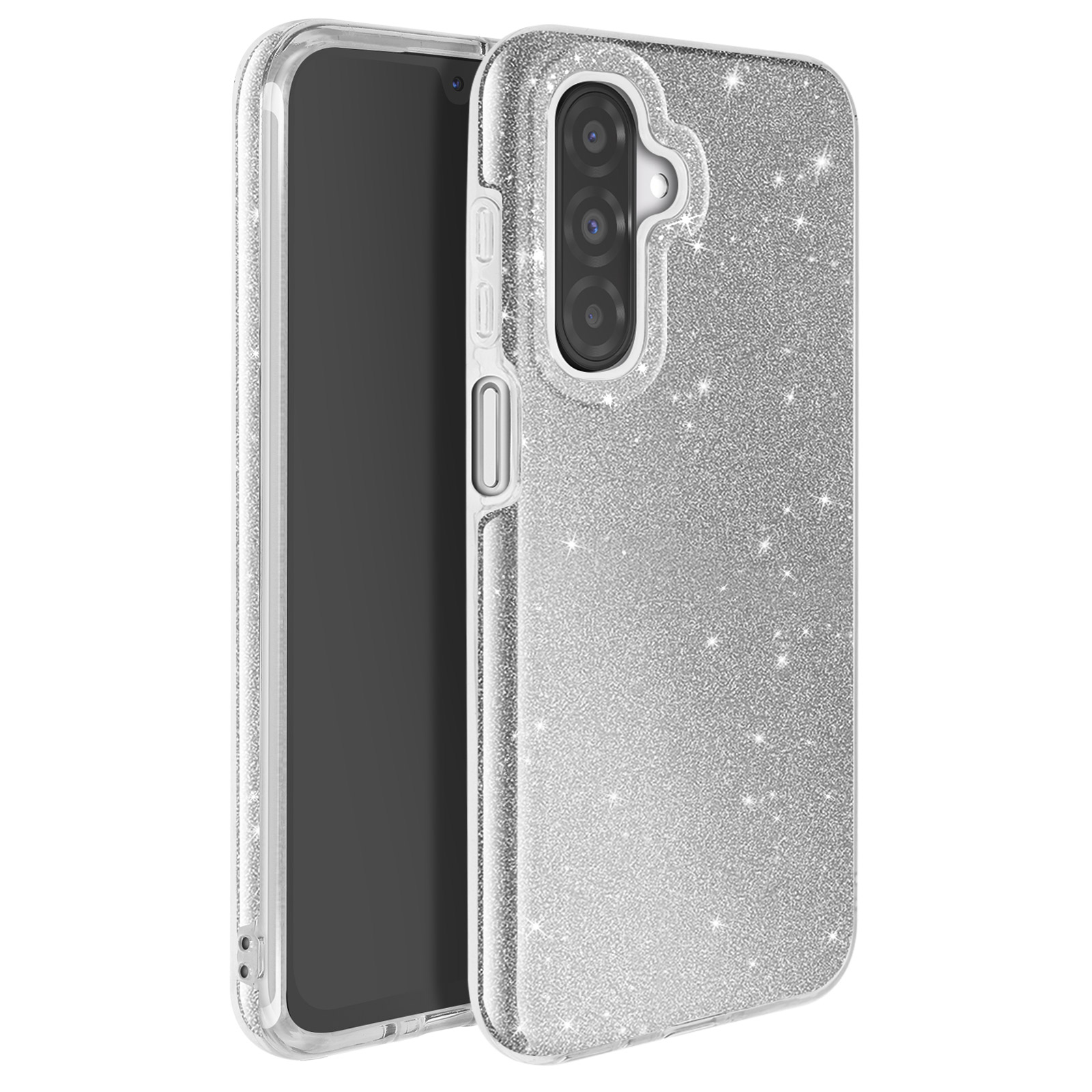 Custodia per telefono argento con retro scintillante e telefono all'interno.