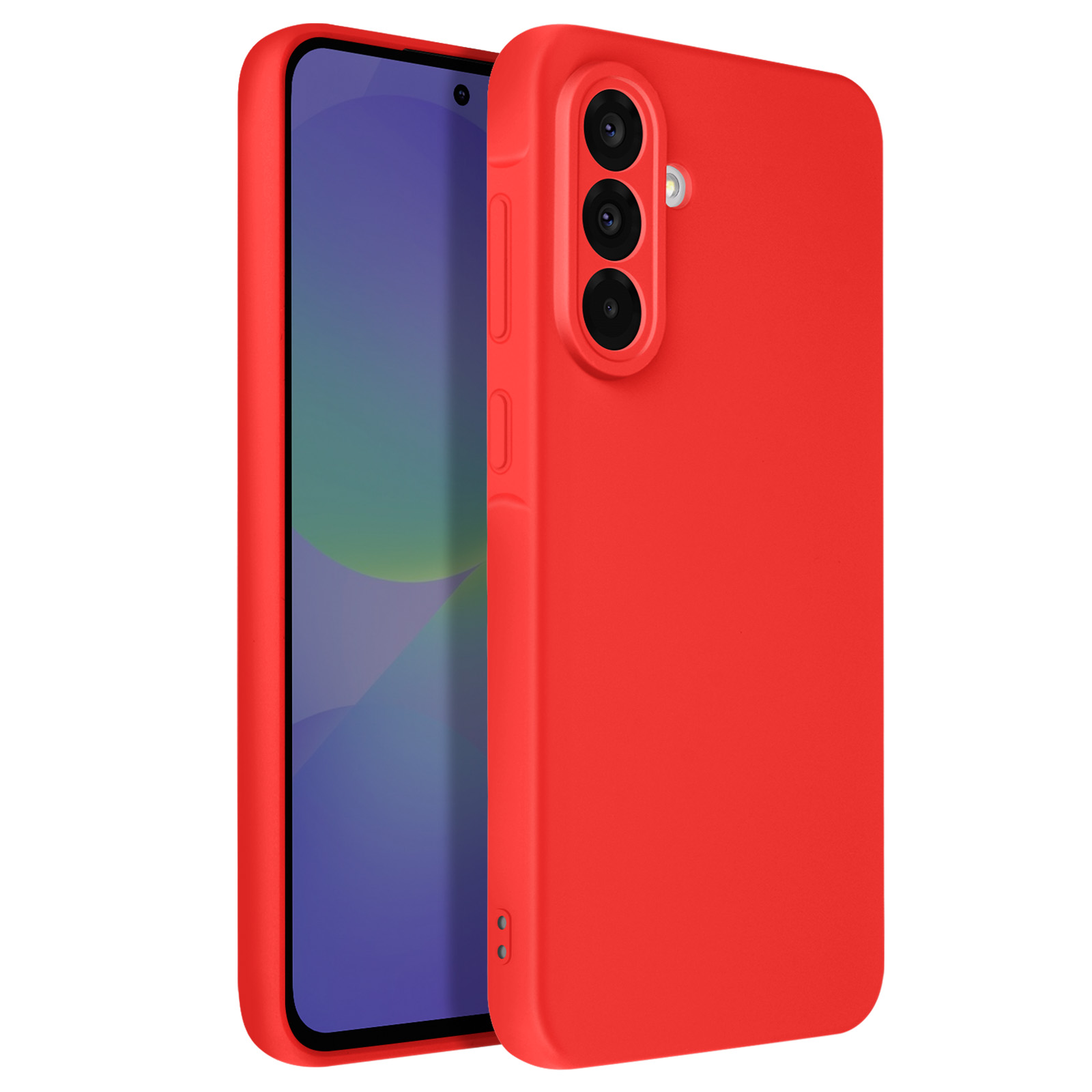 Een rood telefoonhoesje, met de camera en het scherm van de telefoon. De hoes is lichtjes open.