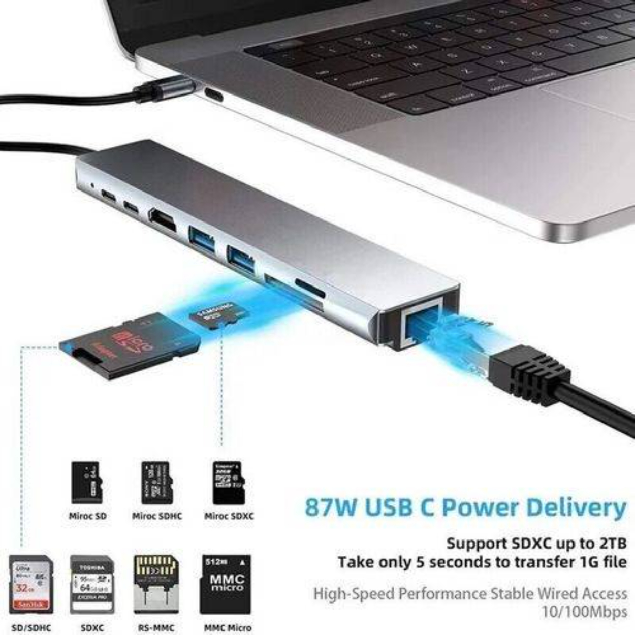Laptop, der mit einem silbernen USB-Hub verbunden ist. Mehrere SD-Karten und USB-Anschlüsse sichtbar. Text unten.