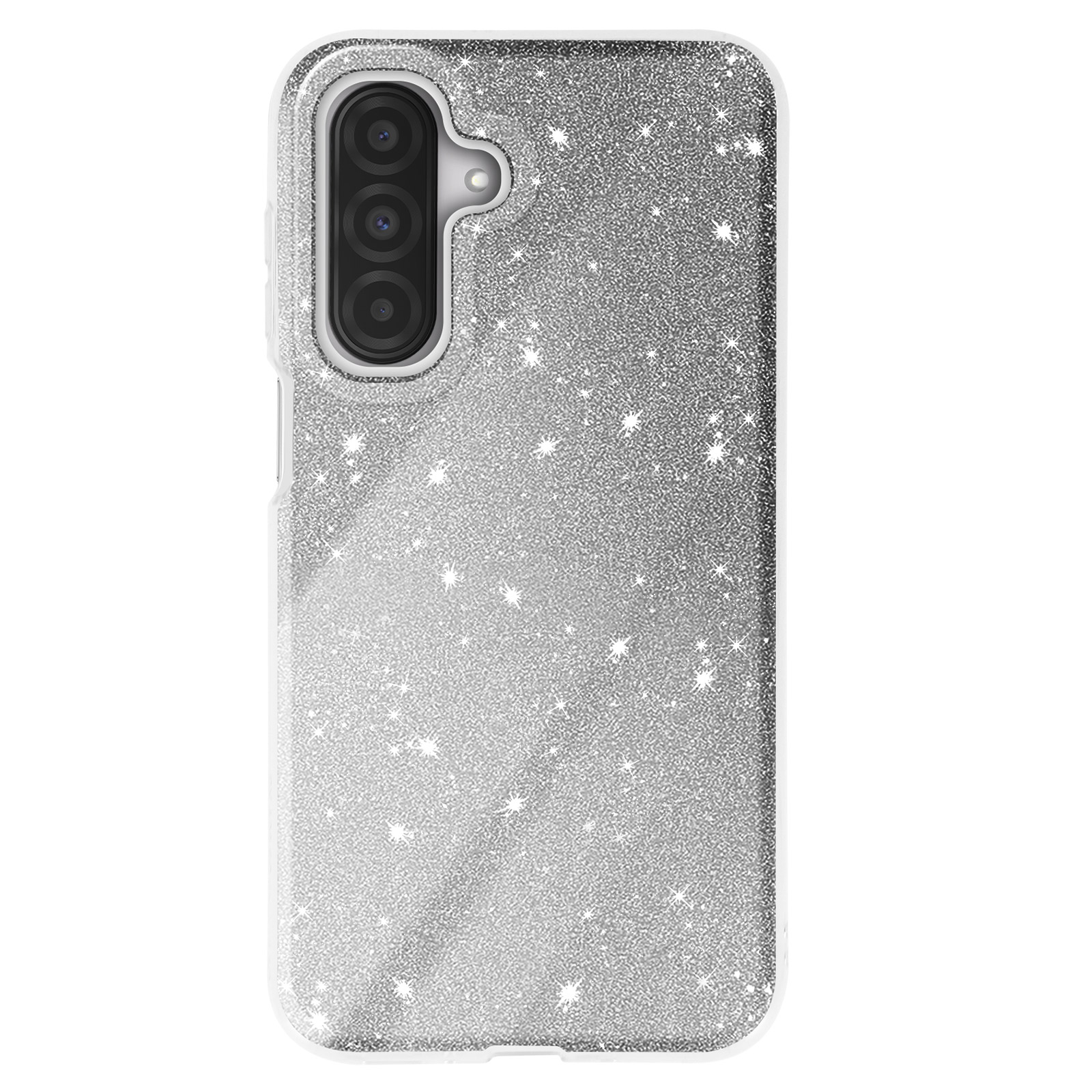 Custodia per telefono argento glitterata, tre lenti della fotocamera. Sfondo bianco.