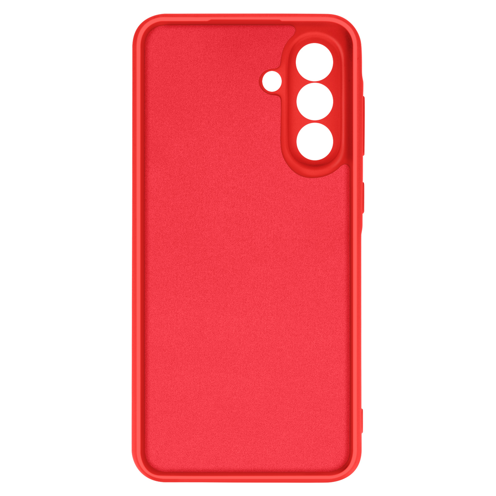 Een rode telefoonhoes met uitsparingen voor de camera's en de knoppen op een witte achtergrond.