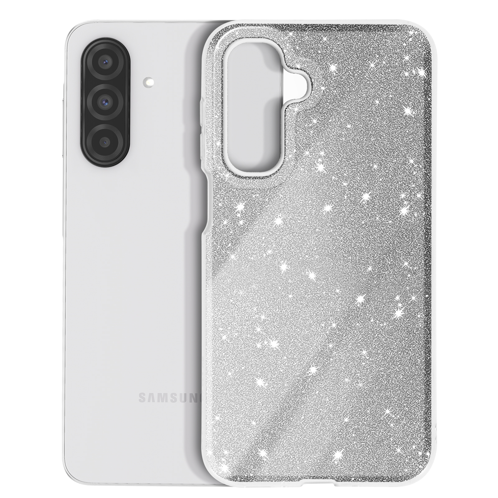 Un telefono Samsung bianco con una custodia glitterata. Il telefono è su una superficie bianca.